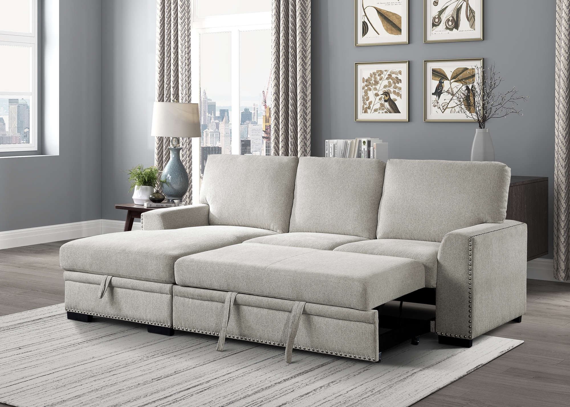 Morelia Fabric Sectional with Pull-out Bed and Hidden Storage, Left Chaise Facing