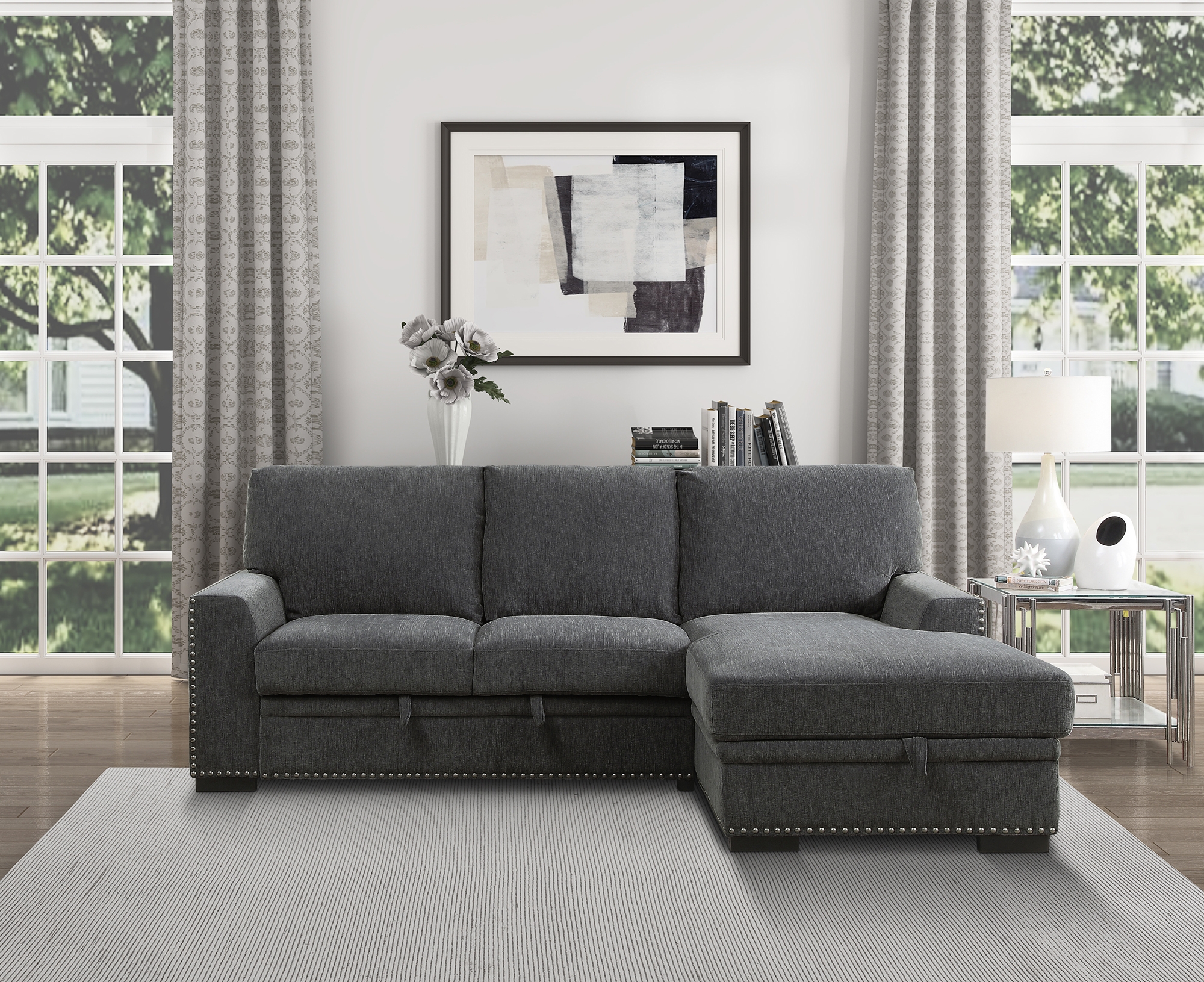 Morelia Fabric Sectional with Pull-out Bed and Hidden Storage, Right Chaise Facing