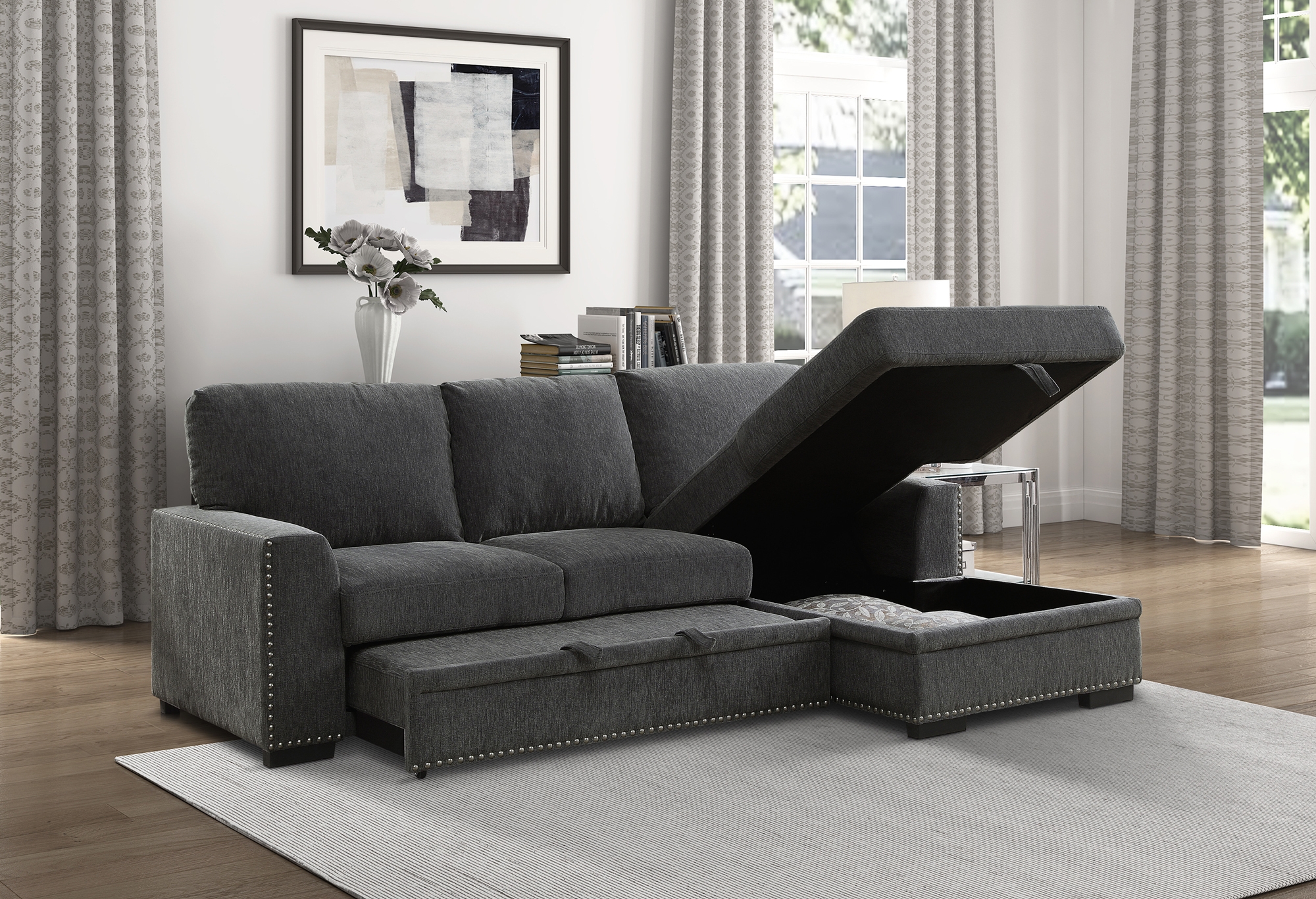 Morelia Fabric Sectional with Pull-out Bed and Hidden Storage, Right Chaise Facing