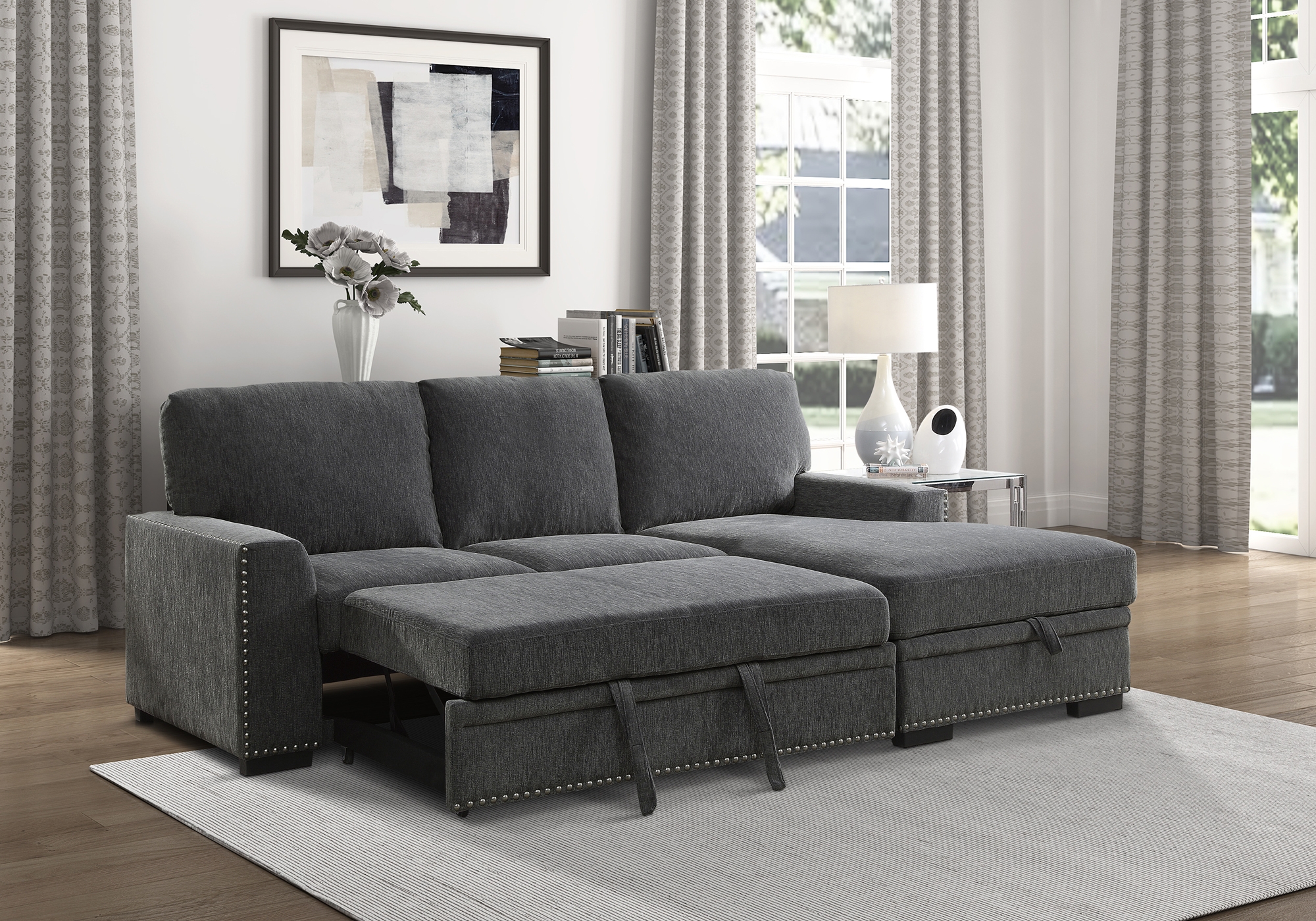 Morelia Fabric Sectional with Pull-out Bed and Hidden Storage, Right Chaise Facing