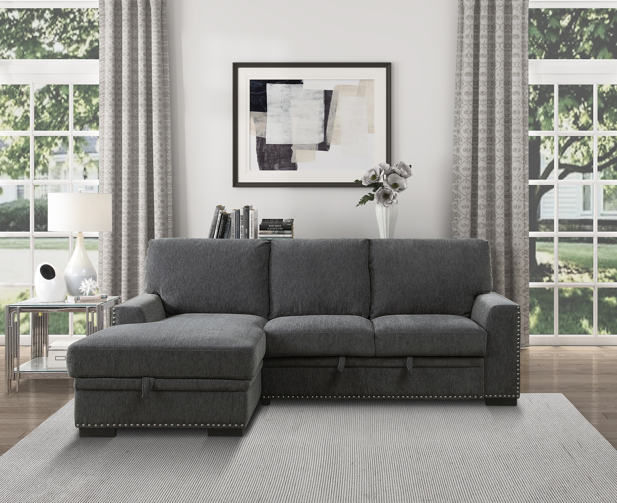 Morelia Fabric Sectional with Pull-out Bed and Hidden Storage, Left Chaise Facing
