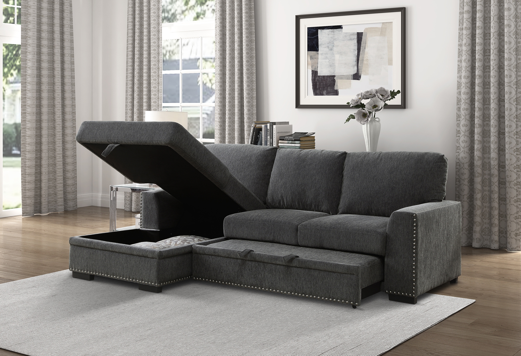 Morelia Fabric Sectional with Pull-out Bed and Hidden Storage, Left Chaise Facing