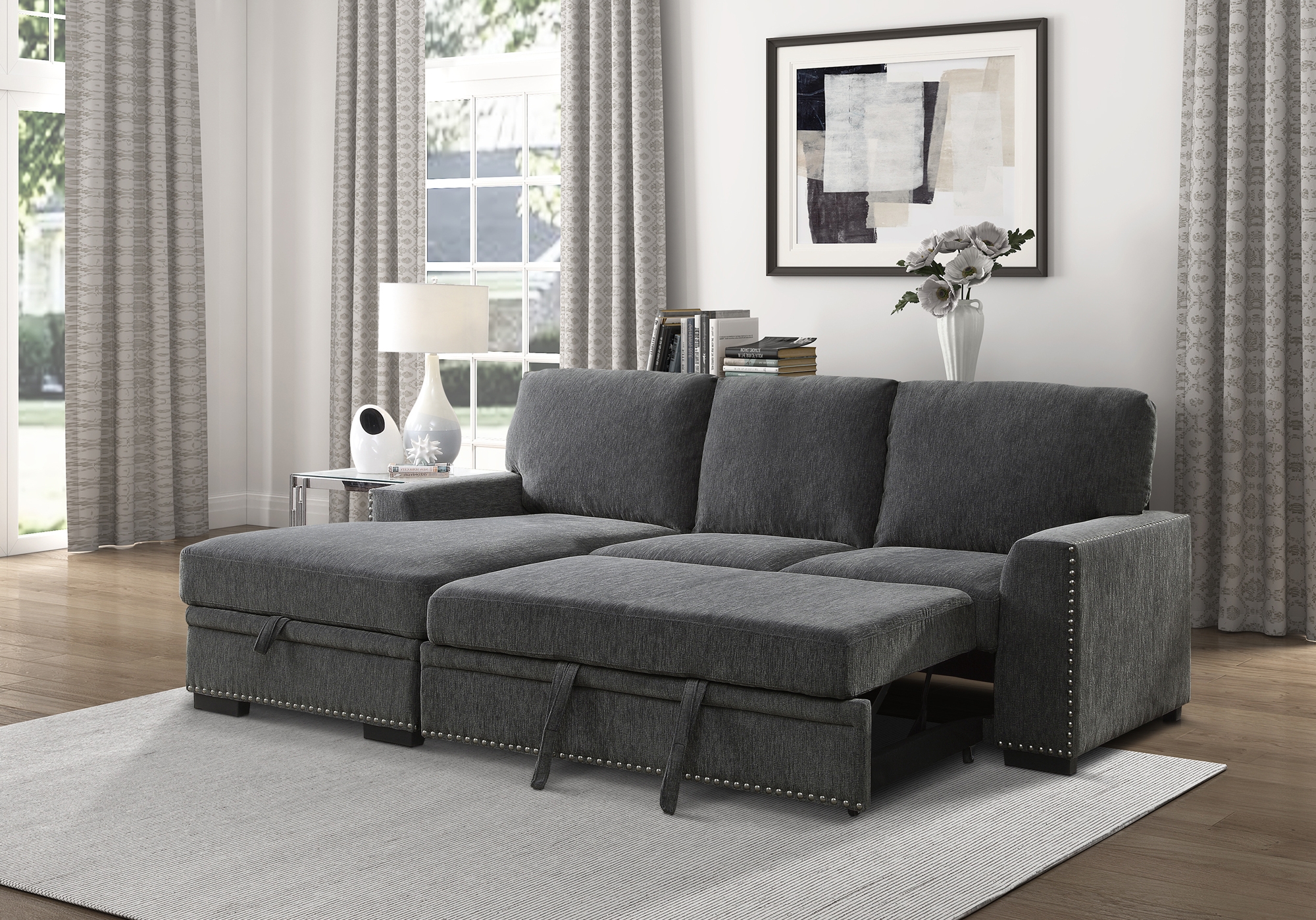Morelia Fabric Sectional with Pull-out Bed and Hidden Storage, Left Chaise Facing