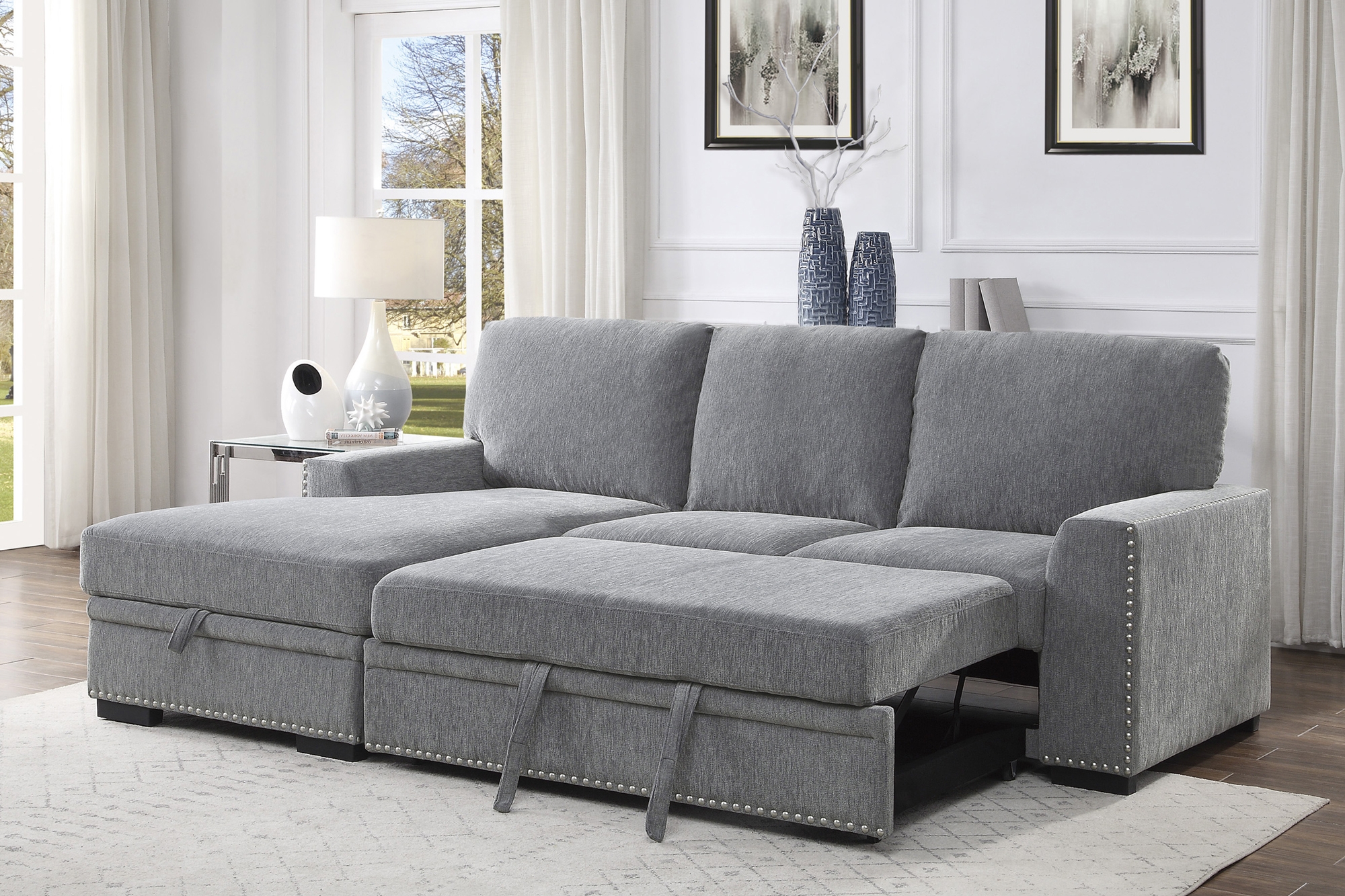 Morelia Fabric Sectional with Pull-out Bed and Hidden Storage, Left Chaise Facing
