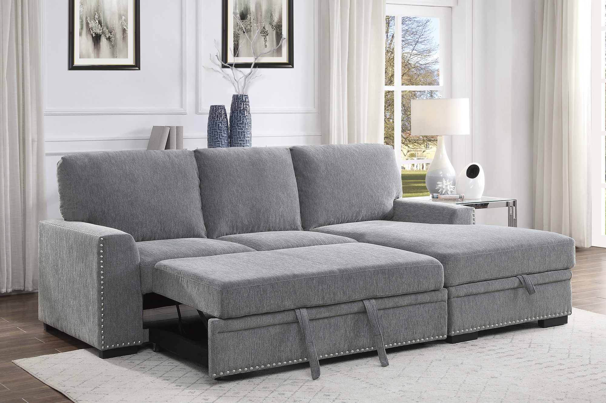 Morelia Fabric Sectional with Pull-out Bed and Hidden Storage, Right Chaise Facing