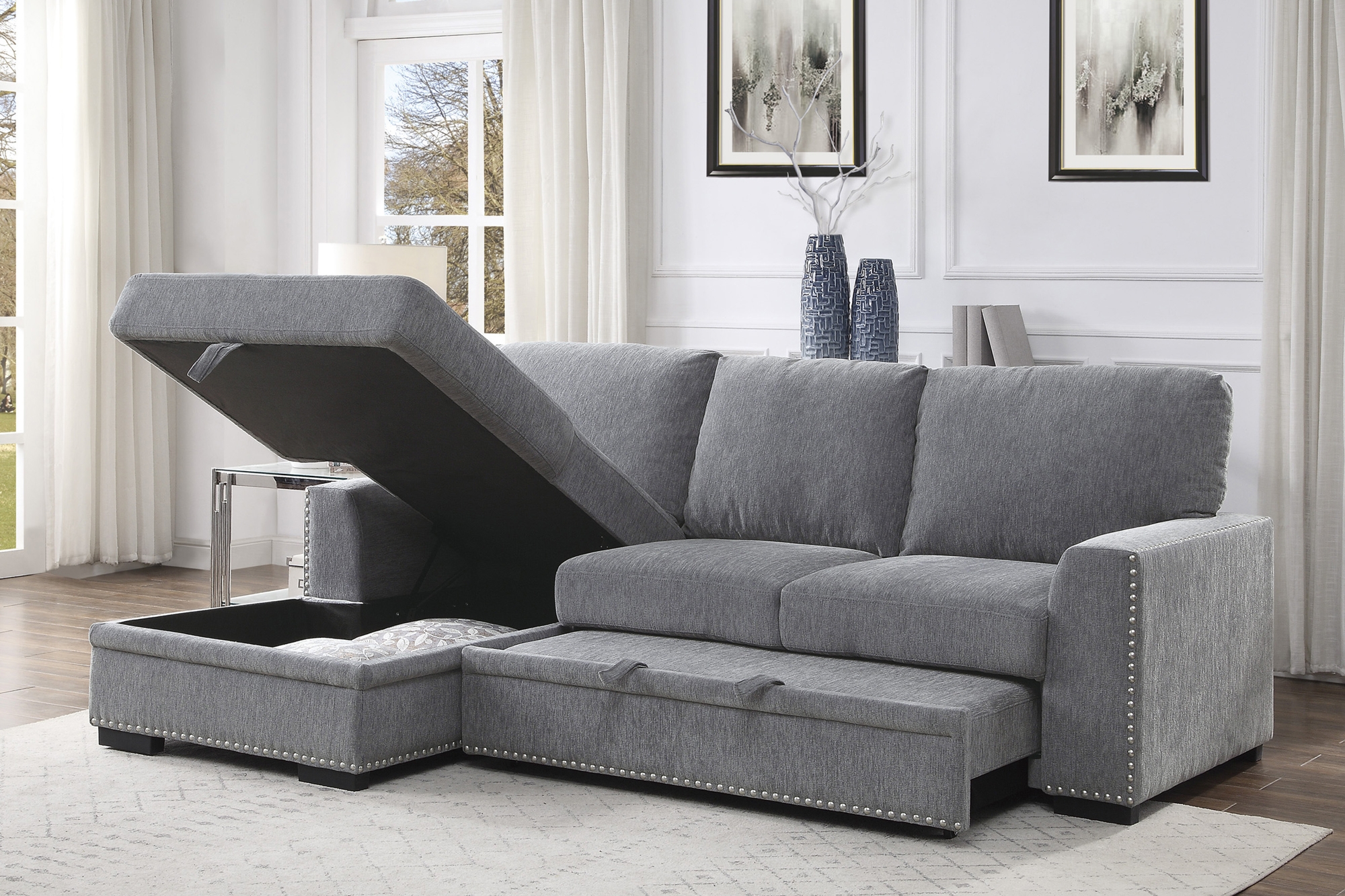 Morelia Fabric Sectional with Pull-out Bed and Hidden Storage, Left Chaise Facing