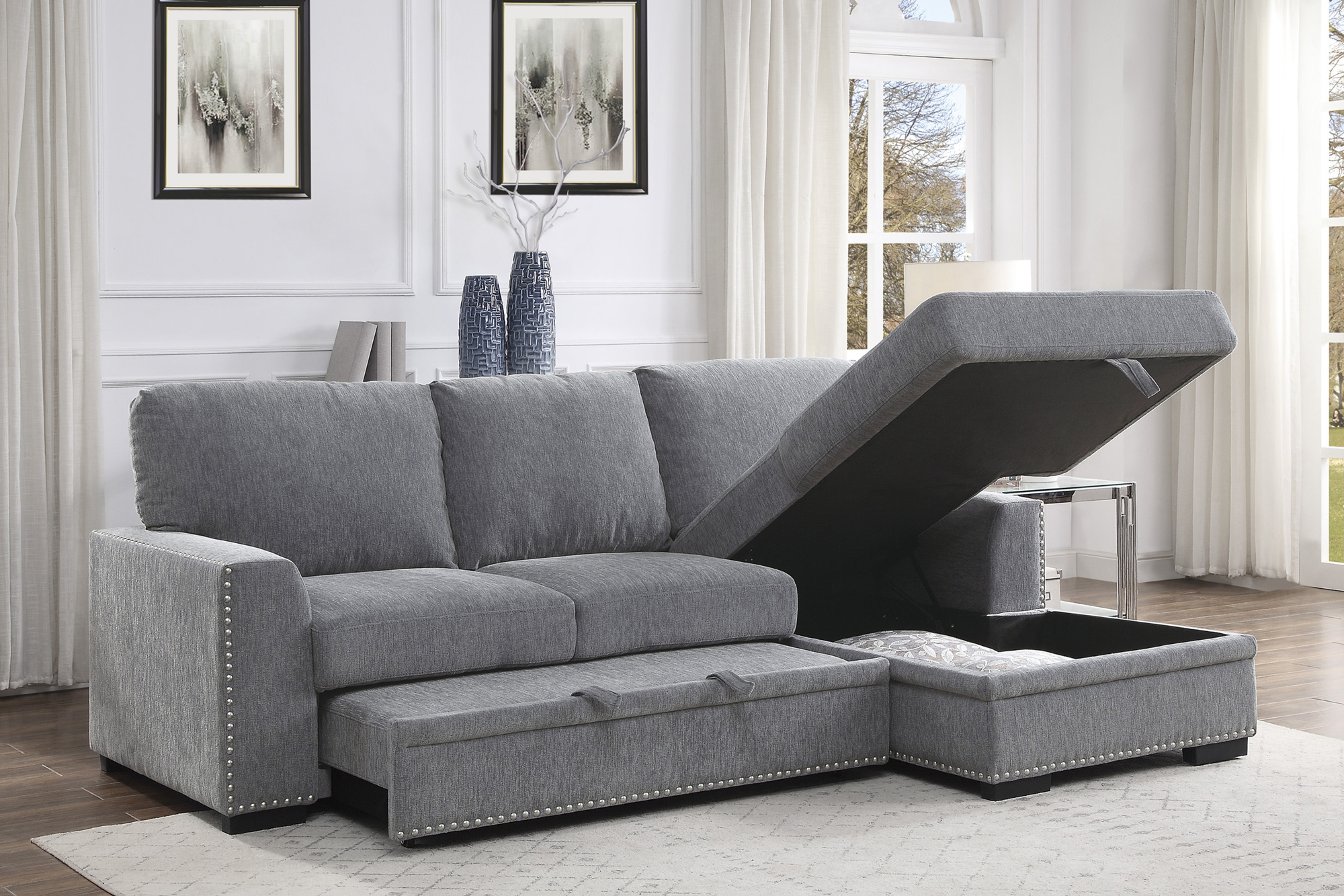 Morelia Fabric Sectional with Pull-out Bed and Hidden Storage, Right Chaise Facing