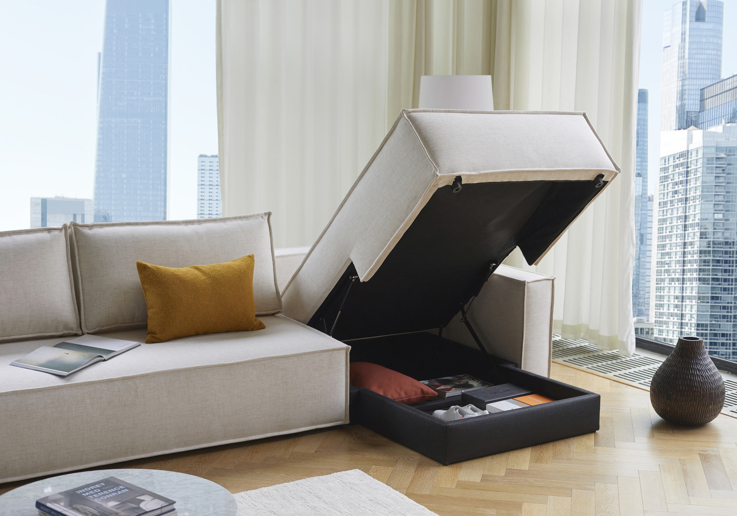 Newilla Polyester Fabric/Steel Reversible Storage Sleeper Sectional w/Standart Arm Rests
