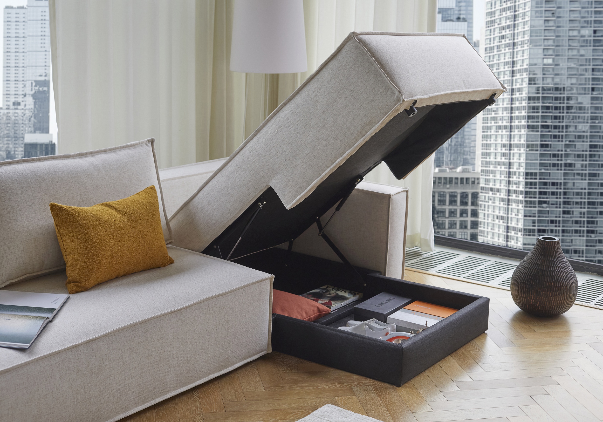 Newilla Polyester Fabric/Steel Reversible Storage Sleeper Sectional w/Standart Arm Rests