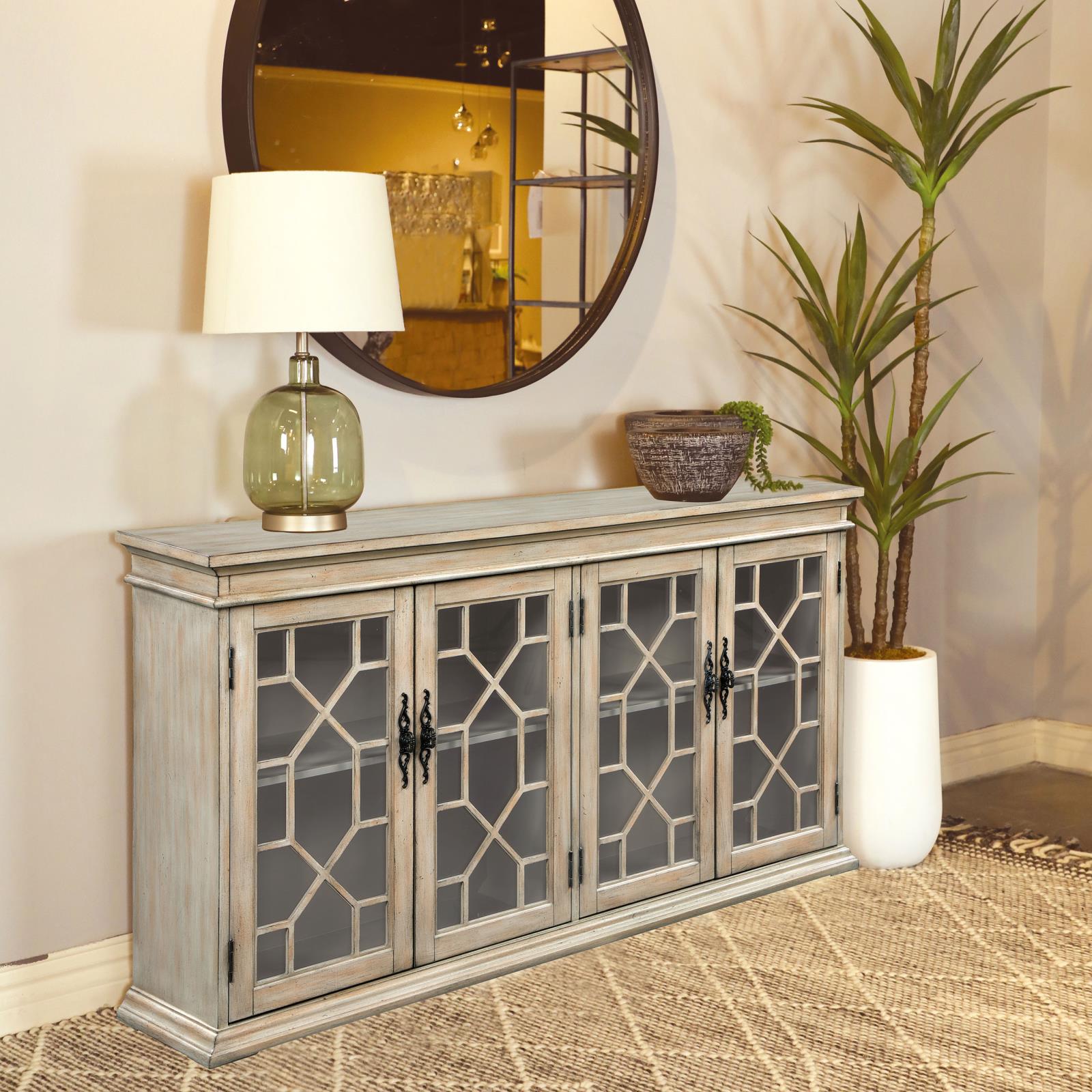 Kiara 4-door Wood Veneer/Glass Accent Cabinet with Adjustable Shelves