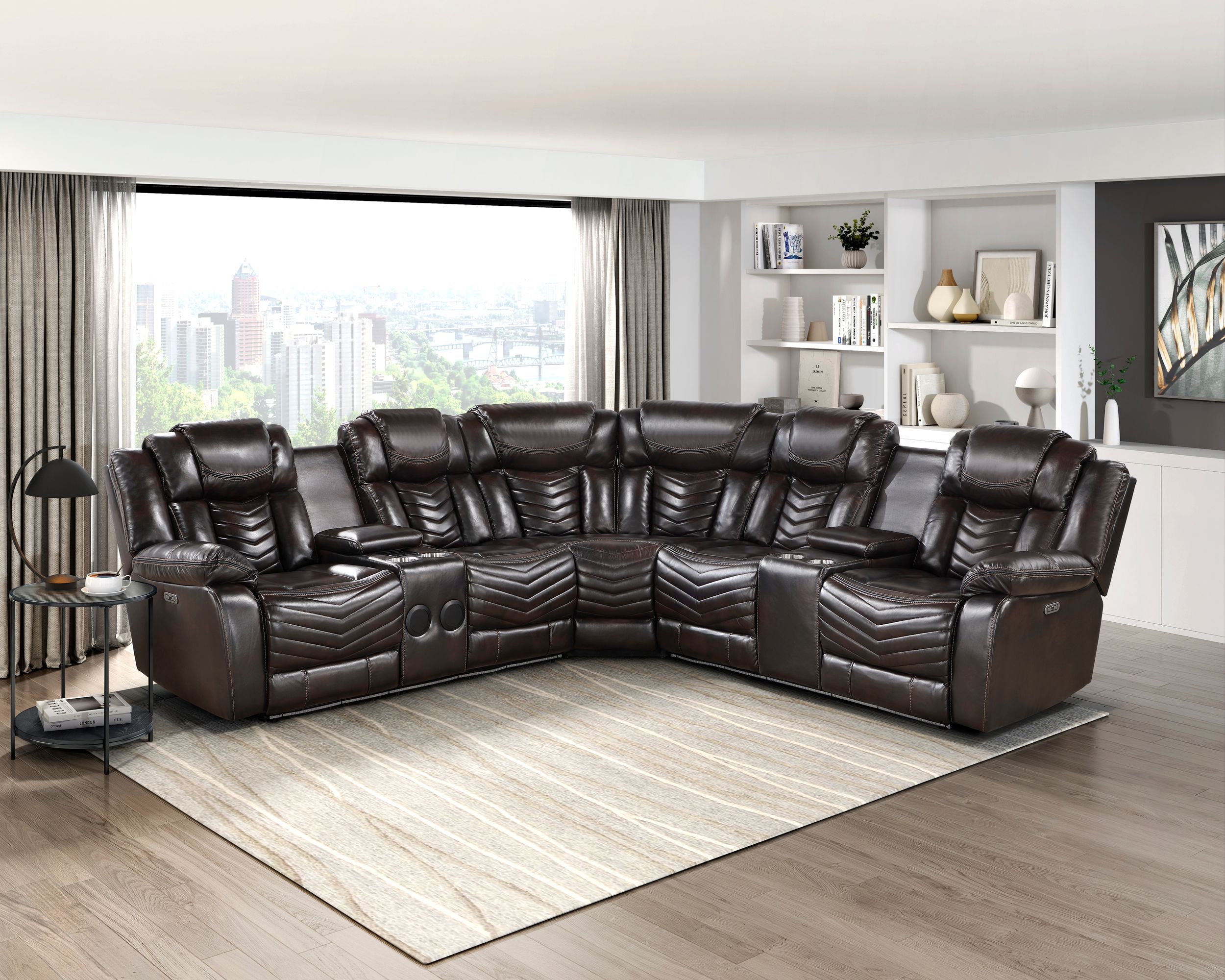 Ramone L-Shaped Faux Leather 3‑Piece Power Reclining Sectional with Consoles, Speakers, Subwoofer & LED Lighting