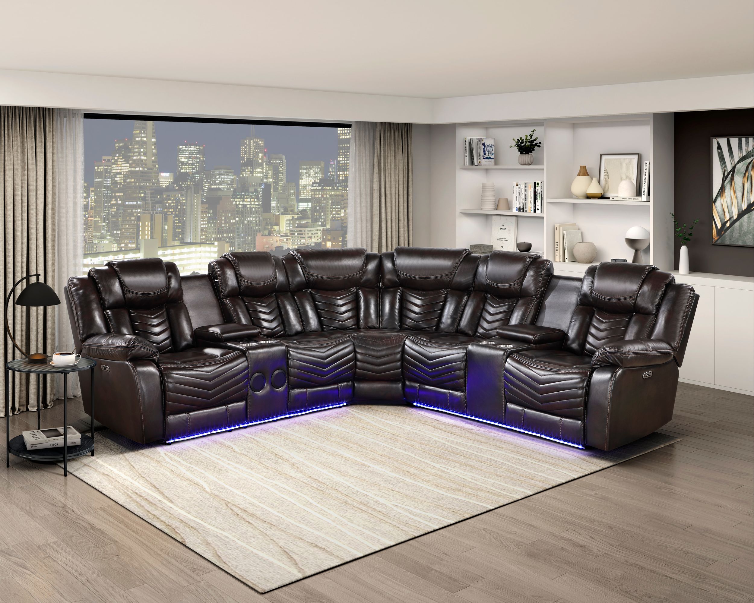 Ramone L-Shaped Faux Leather 3‑Piece Power Reclining Sectional with Consoles, Speakers, Subwoofer & LED Lighting