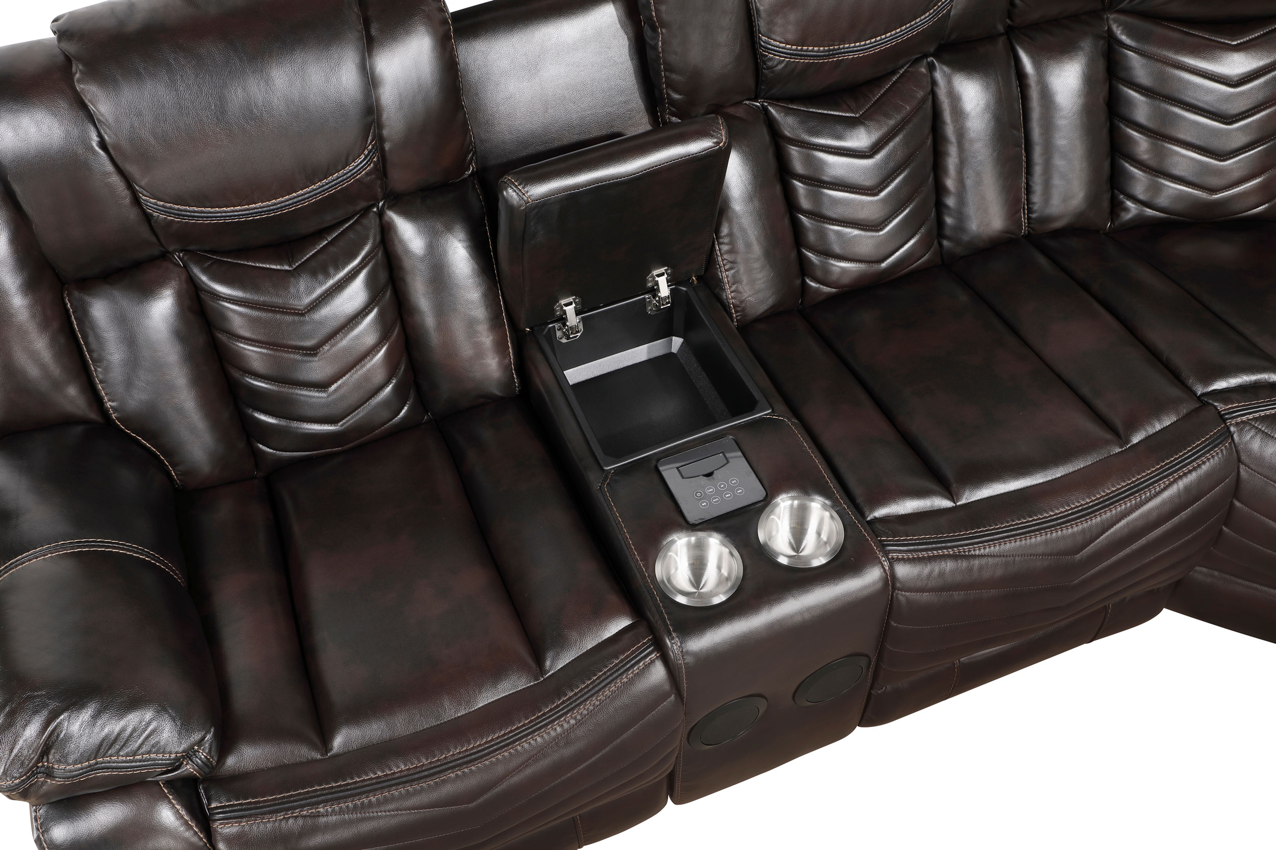 Ramone L-Shaped Faux Leather 3‑Piece Power Reclining Sectional with Consoles, Speakers, Subwoofer & LED Lighting