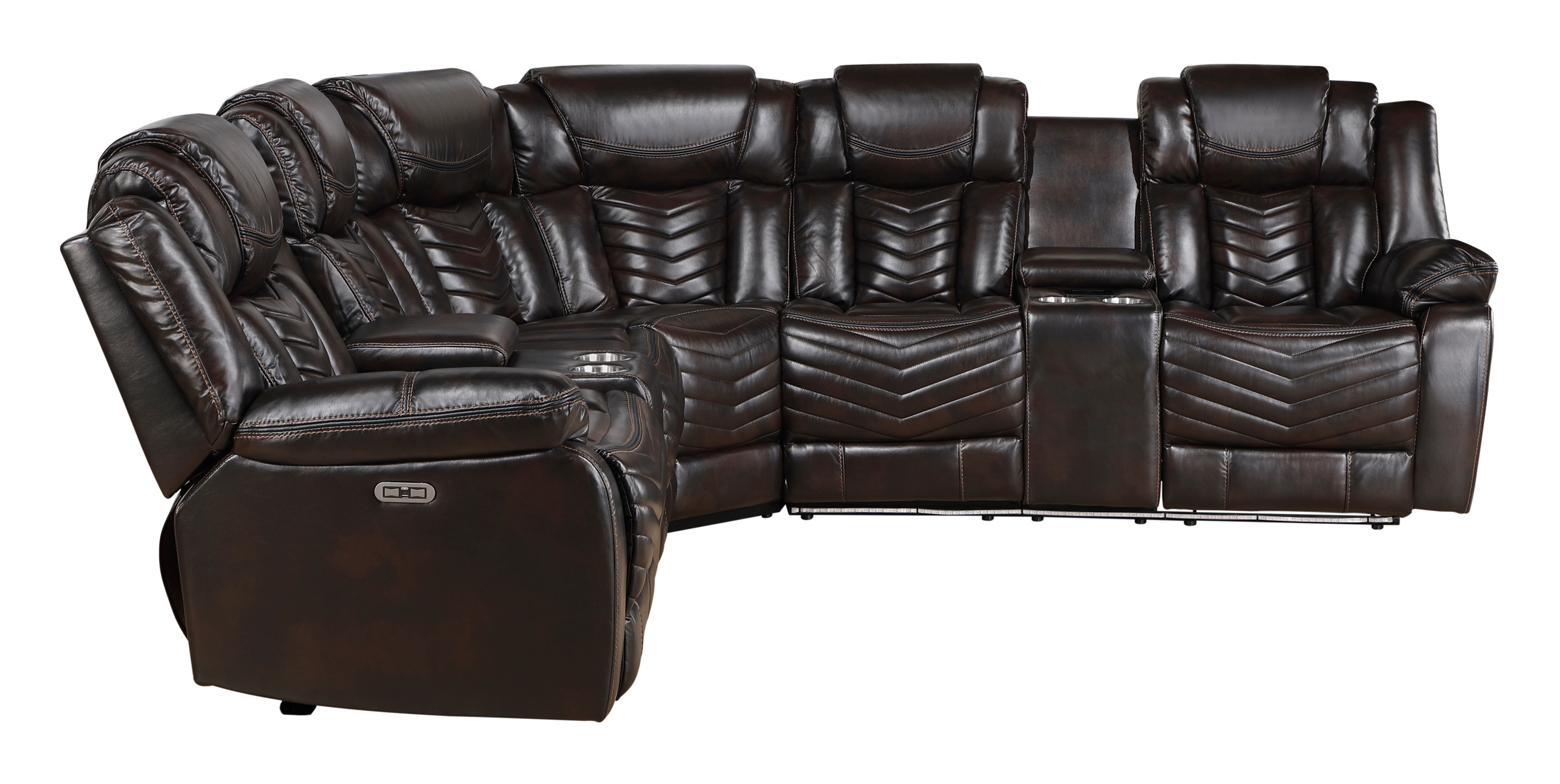 Ramone L-Shaped Faux Leather 3‑Piece Power Reclining Sectional with Consoles, Speakers, Subwoofer & LED Lighting
