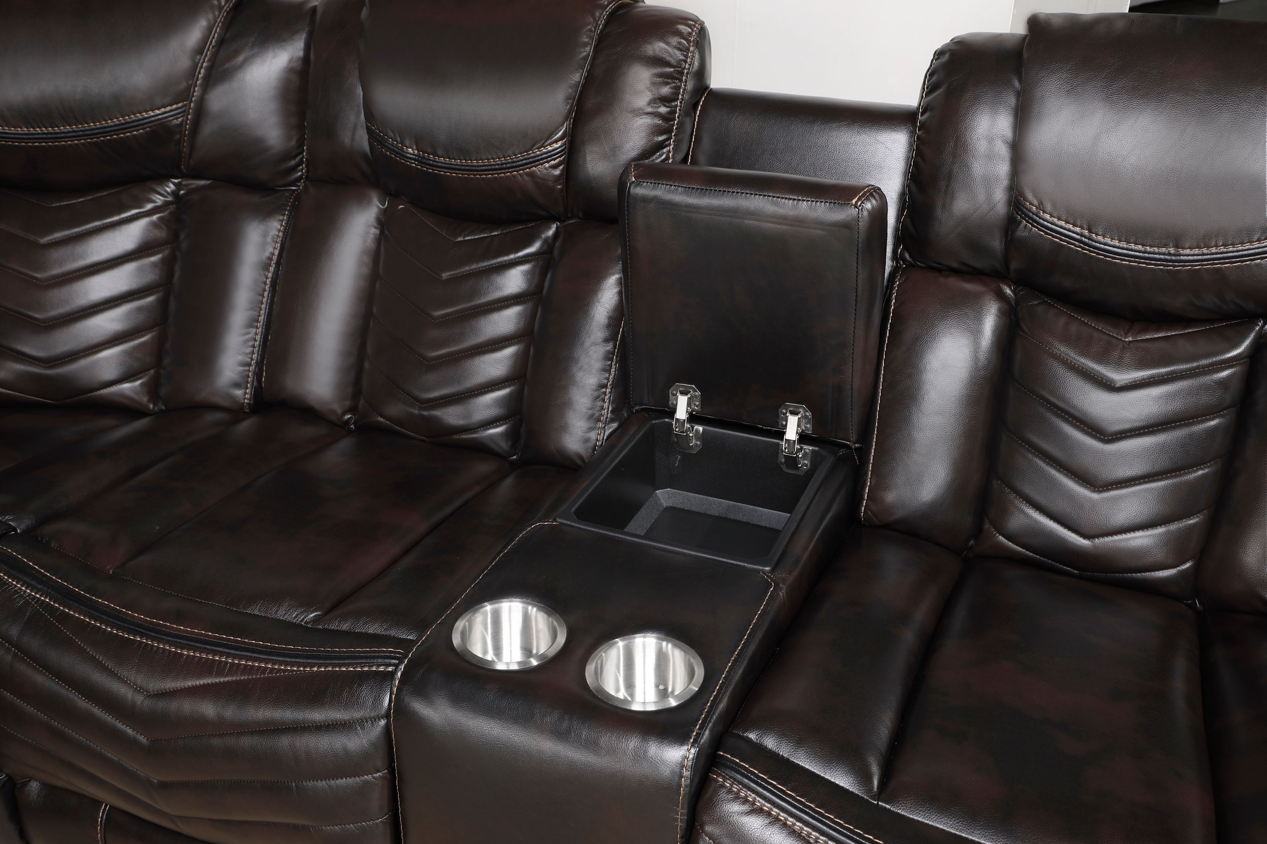 Ramone L-Shaped Faux Leather 3‑Piece Power Reclining Sectional with Consoles, Speakers, Subwoofer & LED Lighting