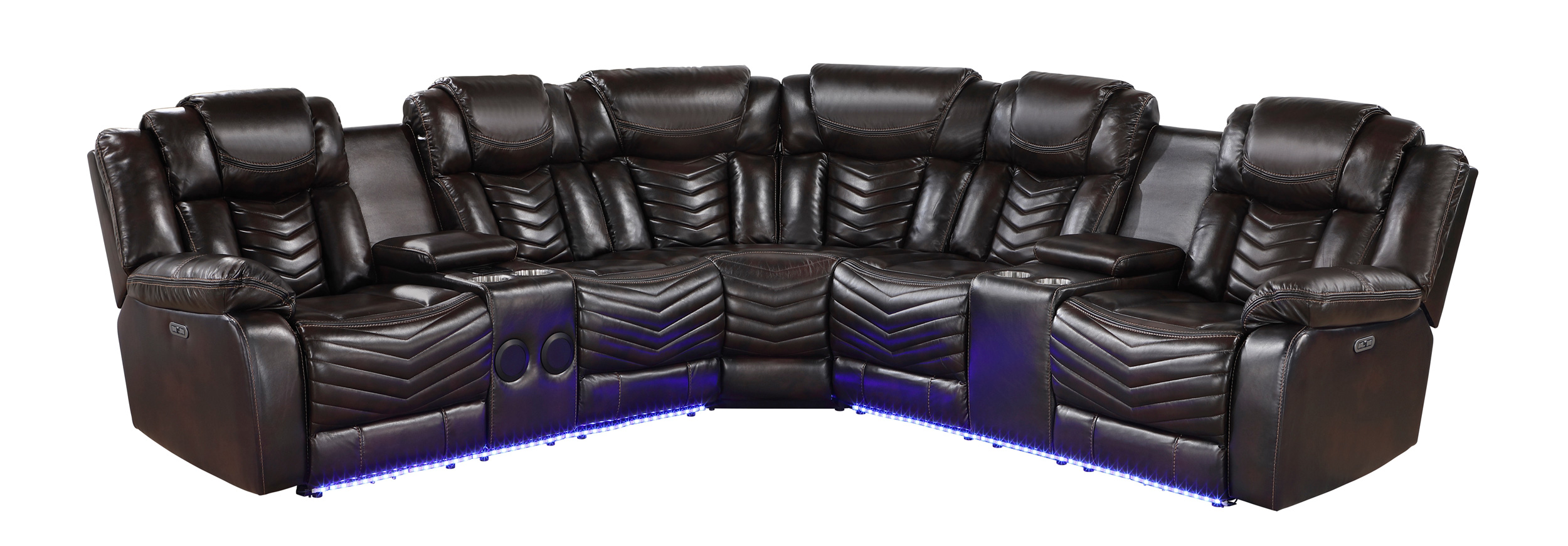 Ramone L-Shaped Faux Leather 3‑Piece Power Reclining Sectional with Consoles, Speakers, Subwoofer & LED Lighting