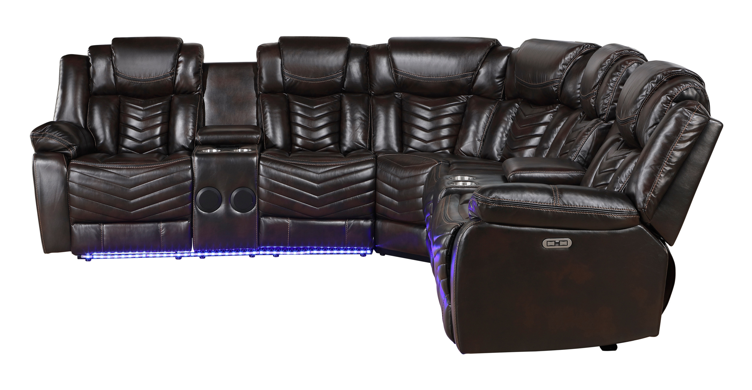 Ramone L-Shaped Faux Leather 3‑Piece Power Reclining Sectional with Consoles, Speakers, Subwoofer & LED Lighting