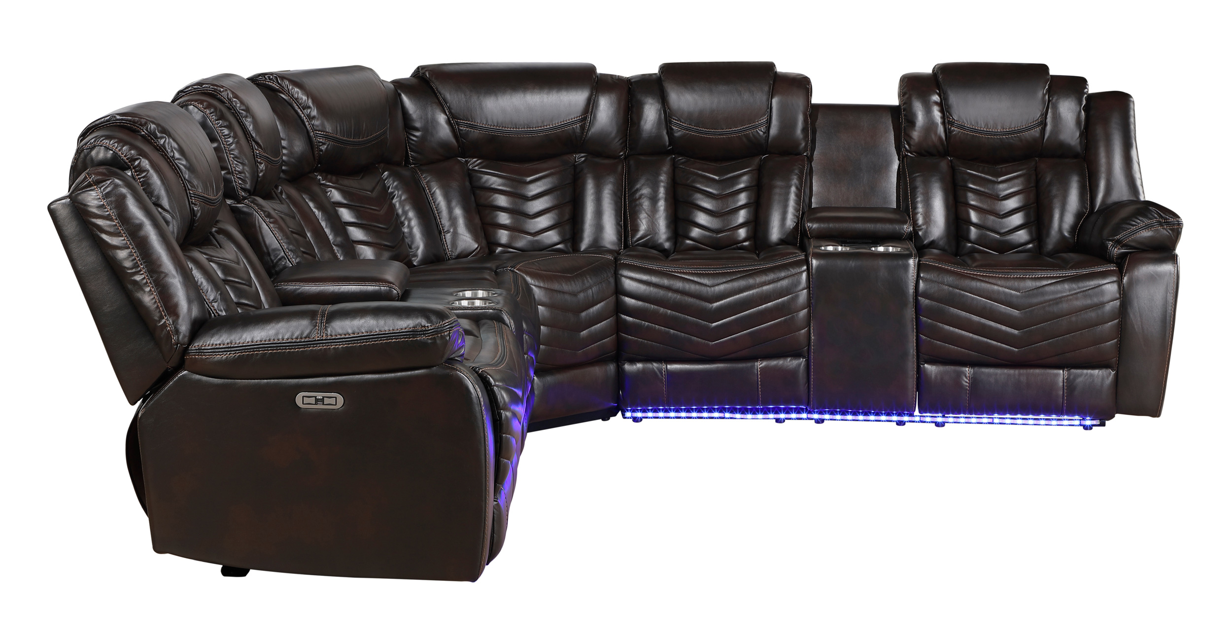 Ramone L-Shaped Faux Leather 3‑Piece Power Reclining Sectional with Consoles, Speakers, Subwoofer & LED Lighting