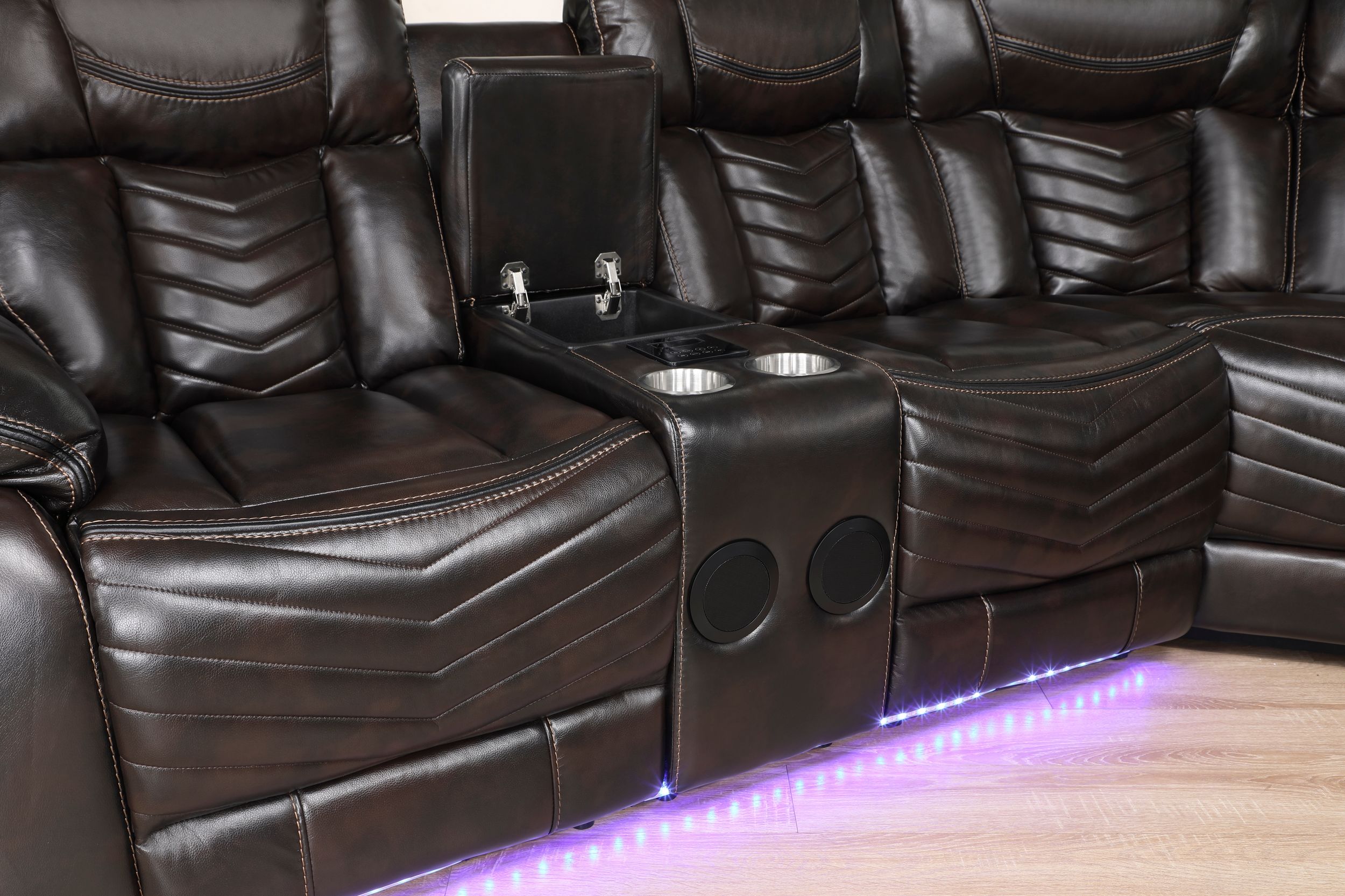 Ramone L-Shaped Faux Leather 3‑Piece Power Reclining Sectional with Consoles, Speakers, Subwoofer & LED Lighting