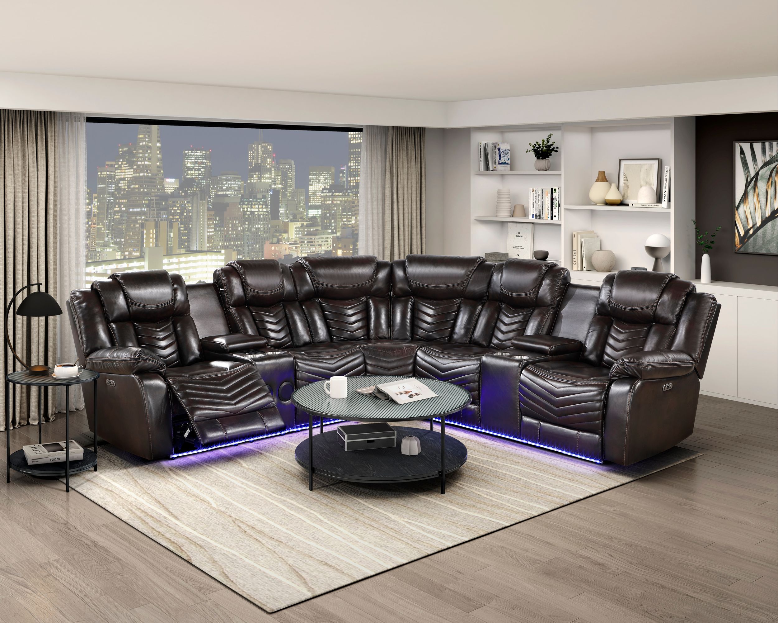 Ramone L-Shaped Faux Leather 3‑Piece Power Reclining Sectional with Consoles, Speakers, Subwoofer & LED Lighting