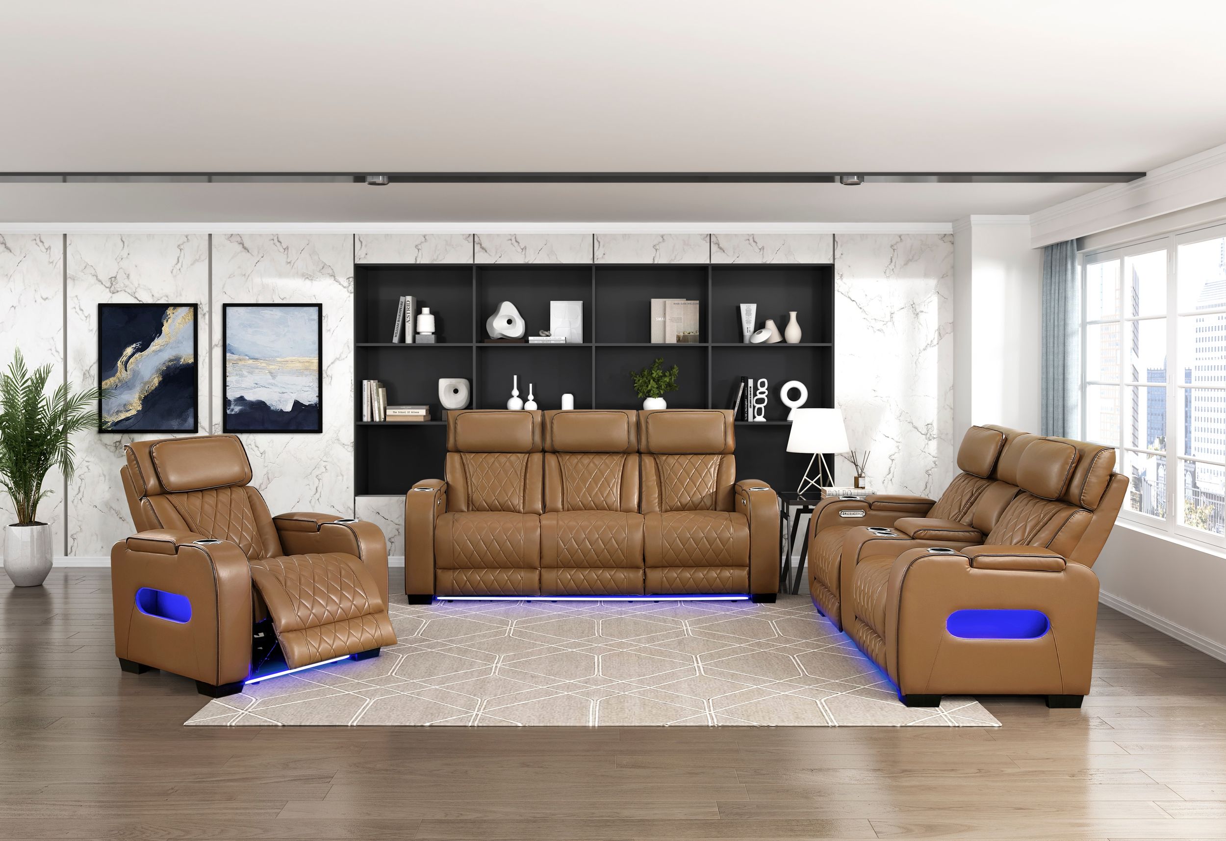 Fairway Faux Leather Power Double Reclining Sofa with LED Lighting