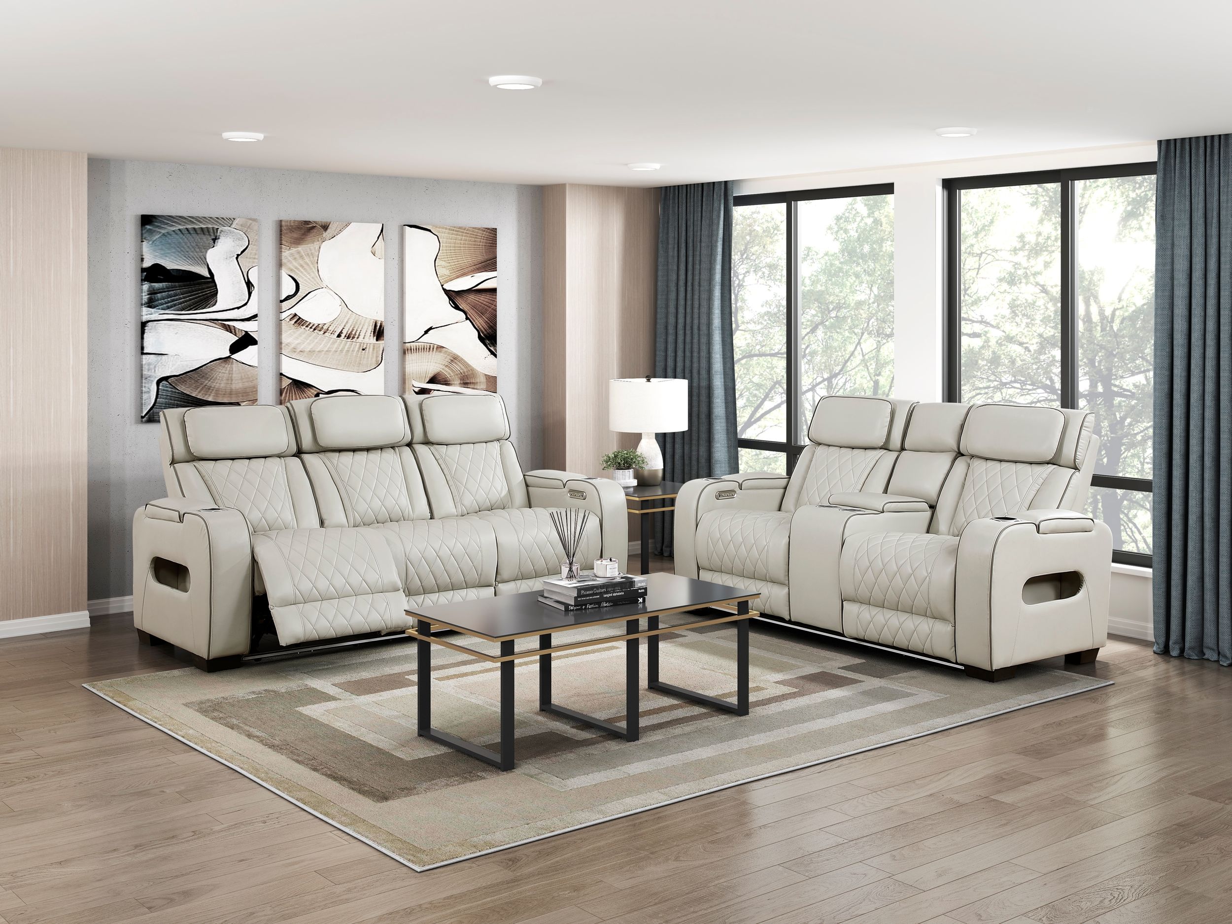 Fairway Faux Leather Power Double Reclining Living Room Set with LED Lighting