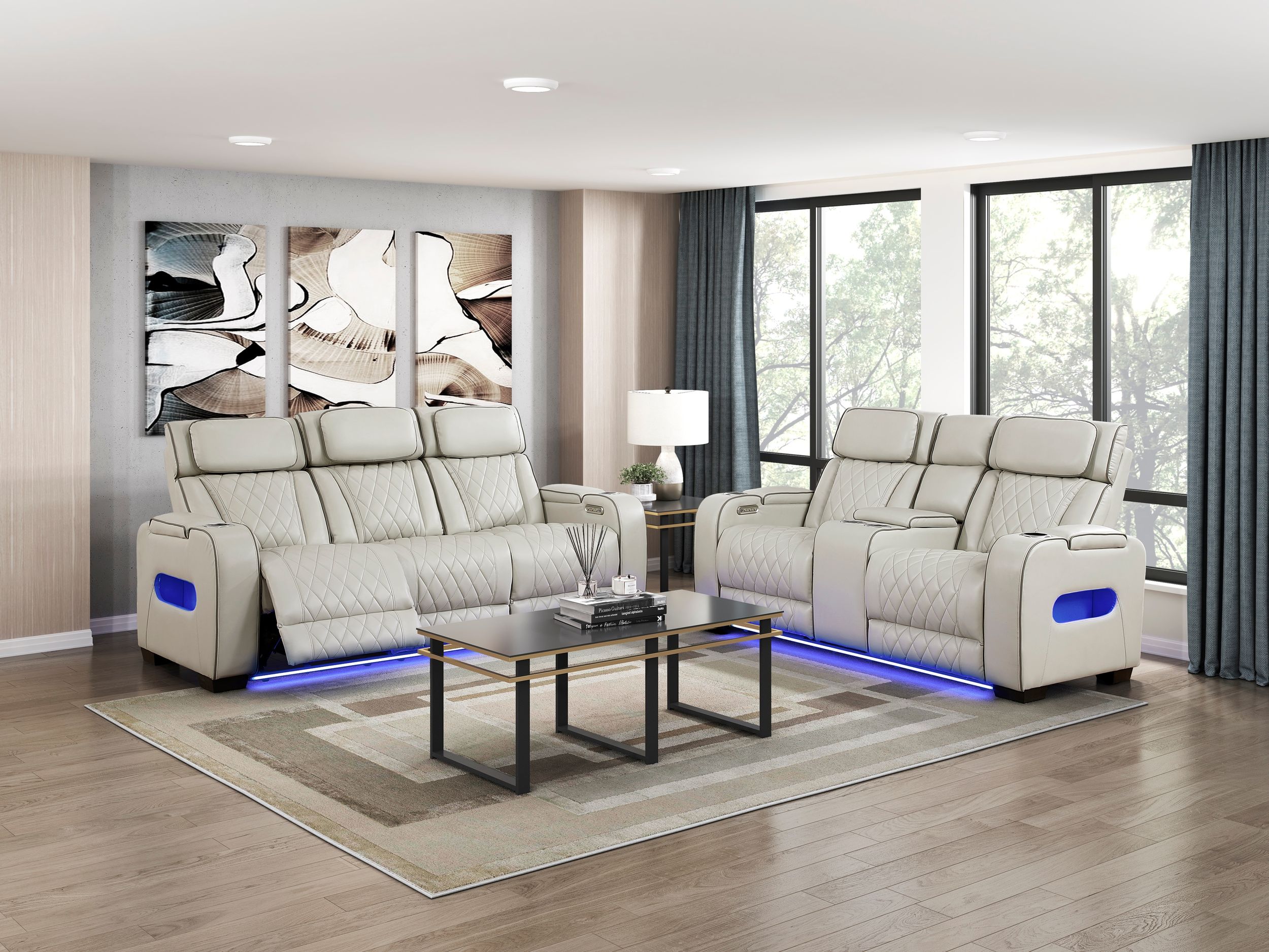 Fairway Faux Leather Power Double Reclining Loveseat with Center Console & LED Lighting