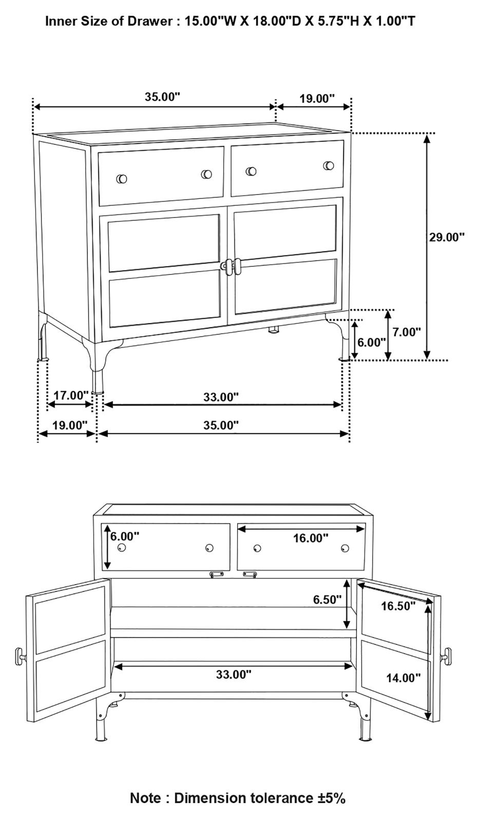 Sadler 2-Drawer Iron Accent Cabinet With Glass Doors