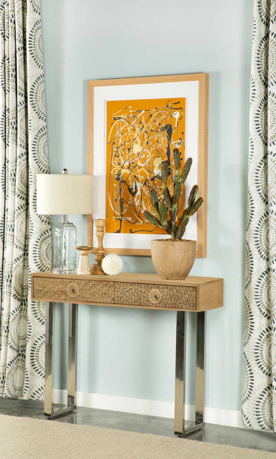 Draco Wood Console Table with Hand Carved Drawers & Stainless Steel Frame