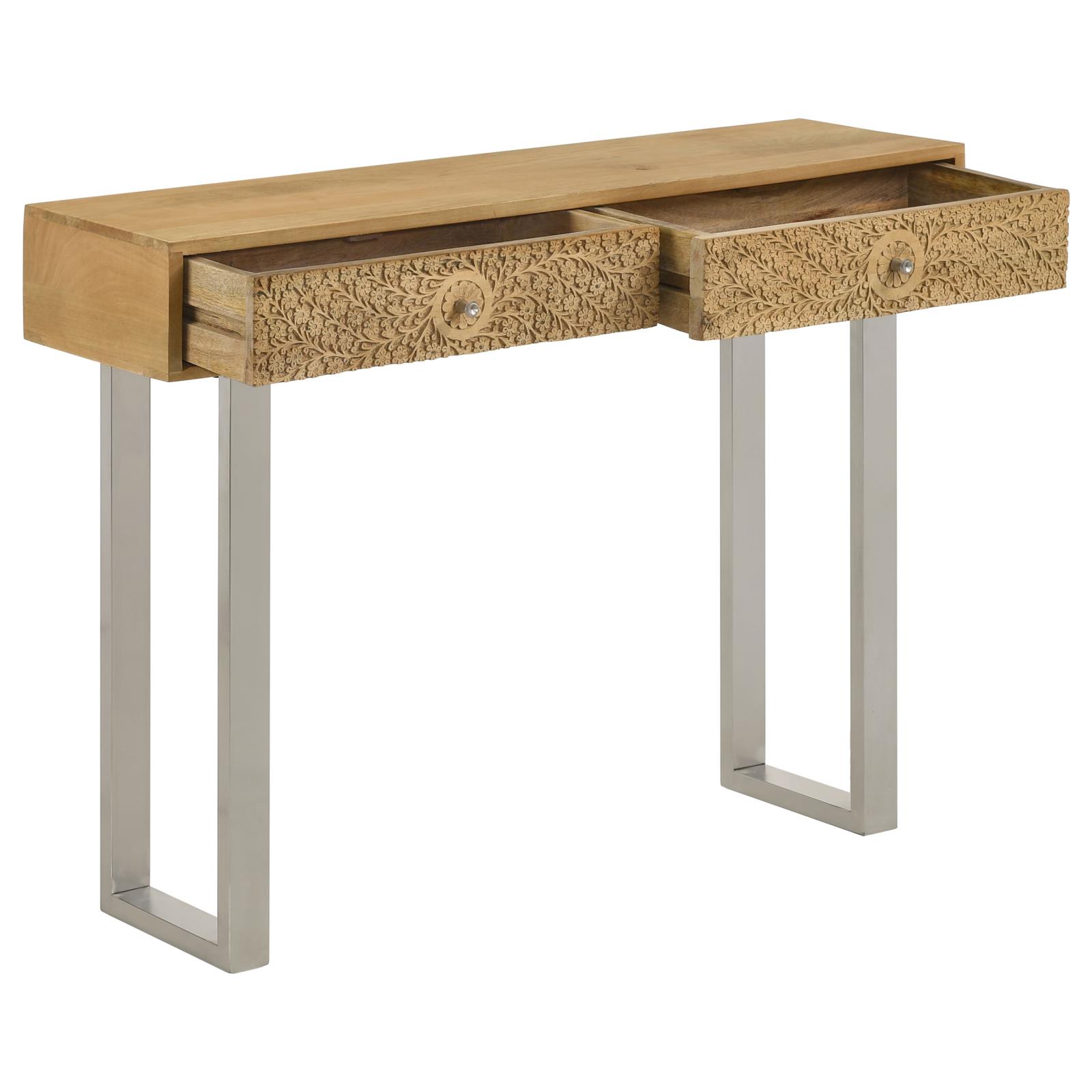 Draco Wood Console Table with Hand Carved Drawers & Stainless Steel Frame