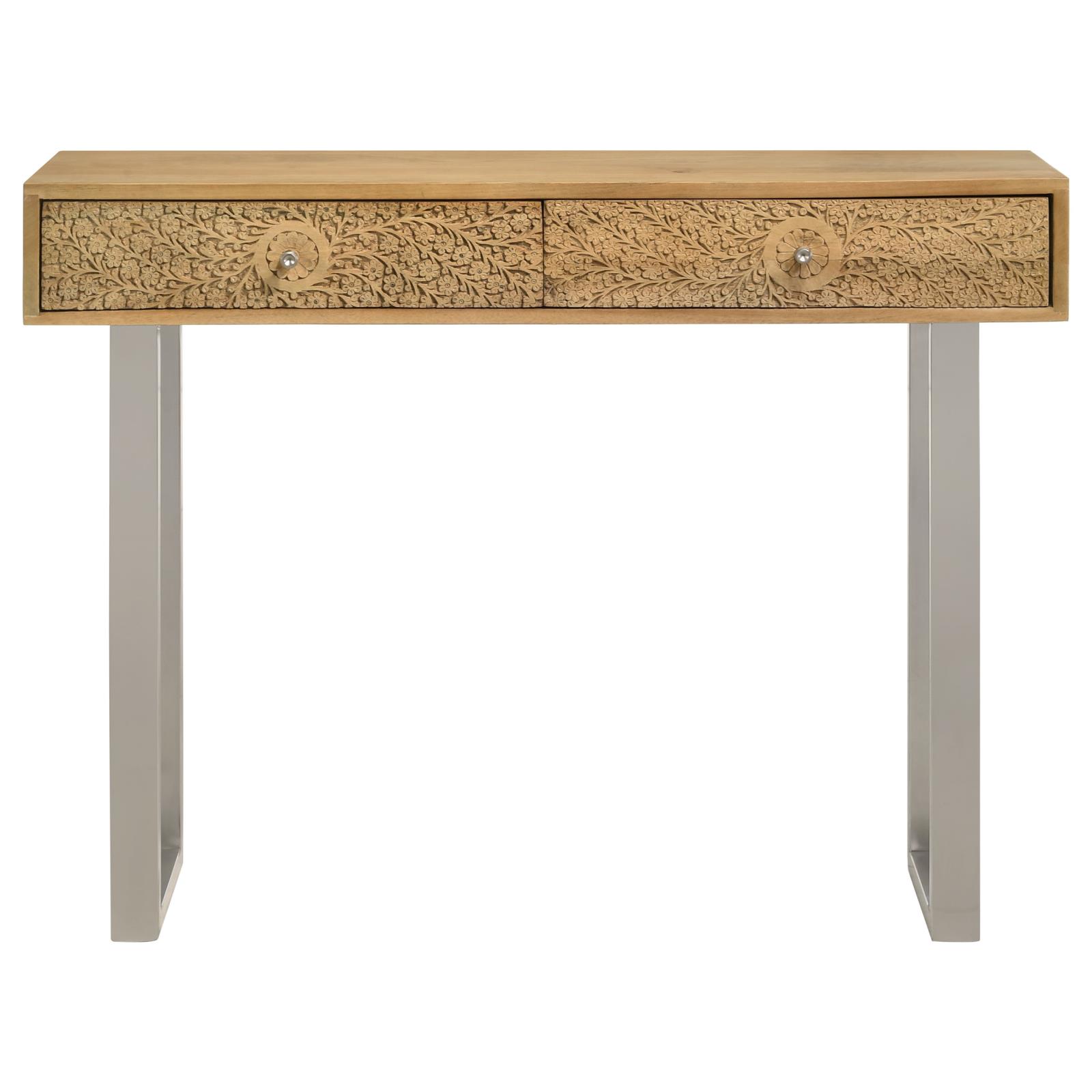 Draco Wood Console Table with Hand Carved Drawers & Stainless Steel Frame