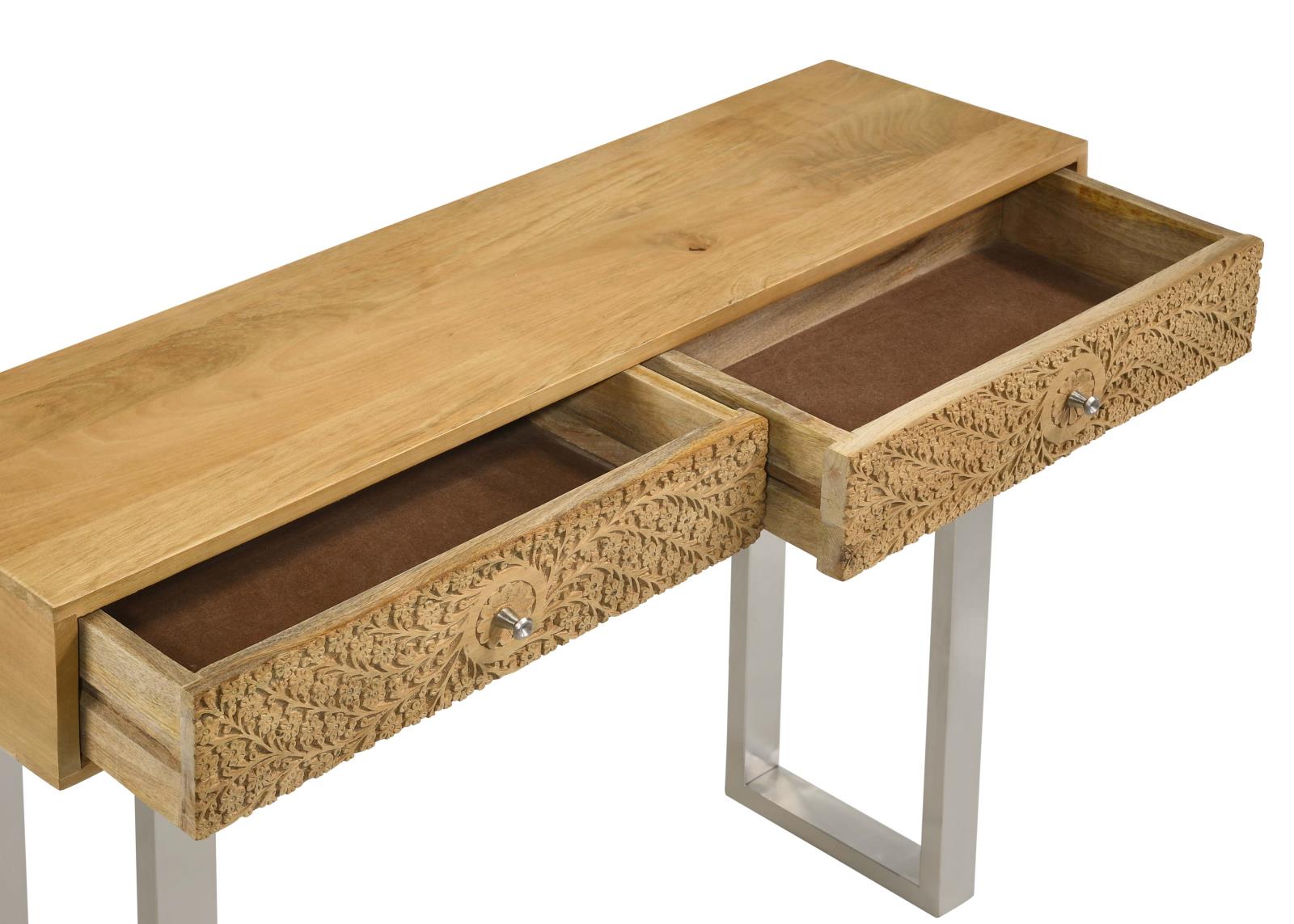 Draco Wood Console Table with Hand Carved Drawers & Stainless Steel Frame