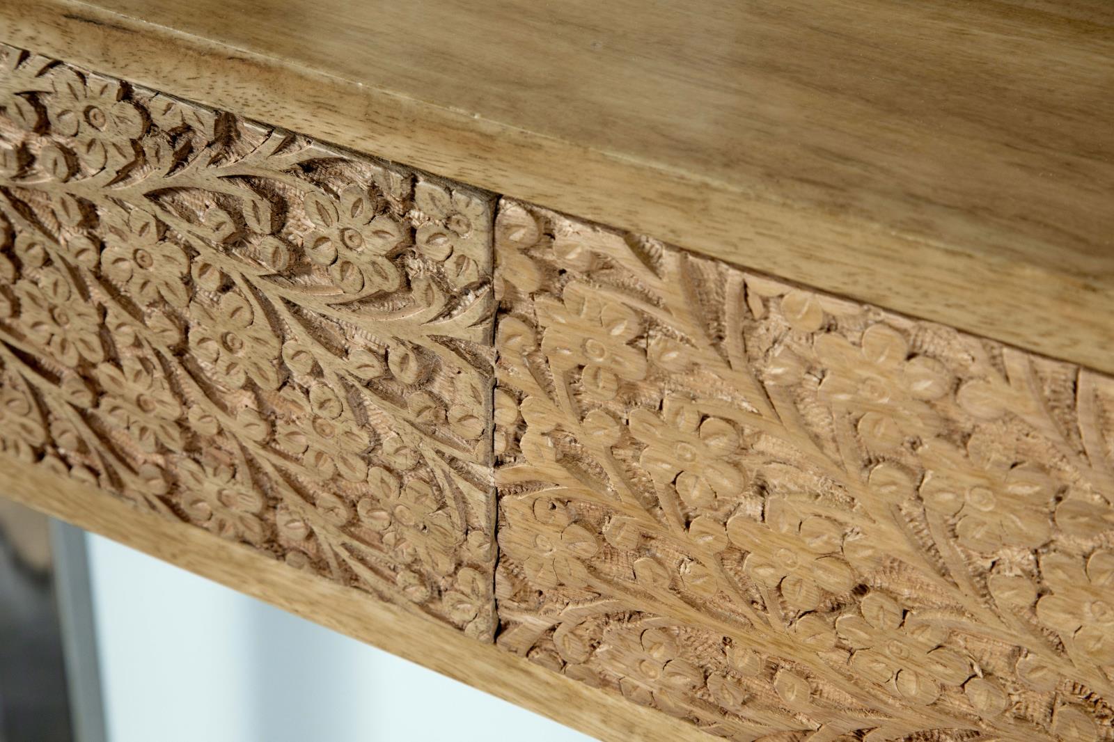 Draco Wood Console Table with Hand Carved Drawers & Stainless Steel Frame