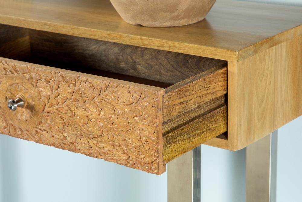 Draco Wood Console Table with Hand Carved Drawers & Stainless Steel Frame