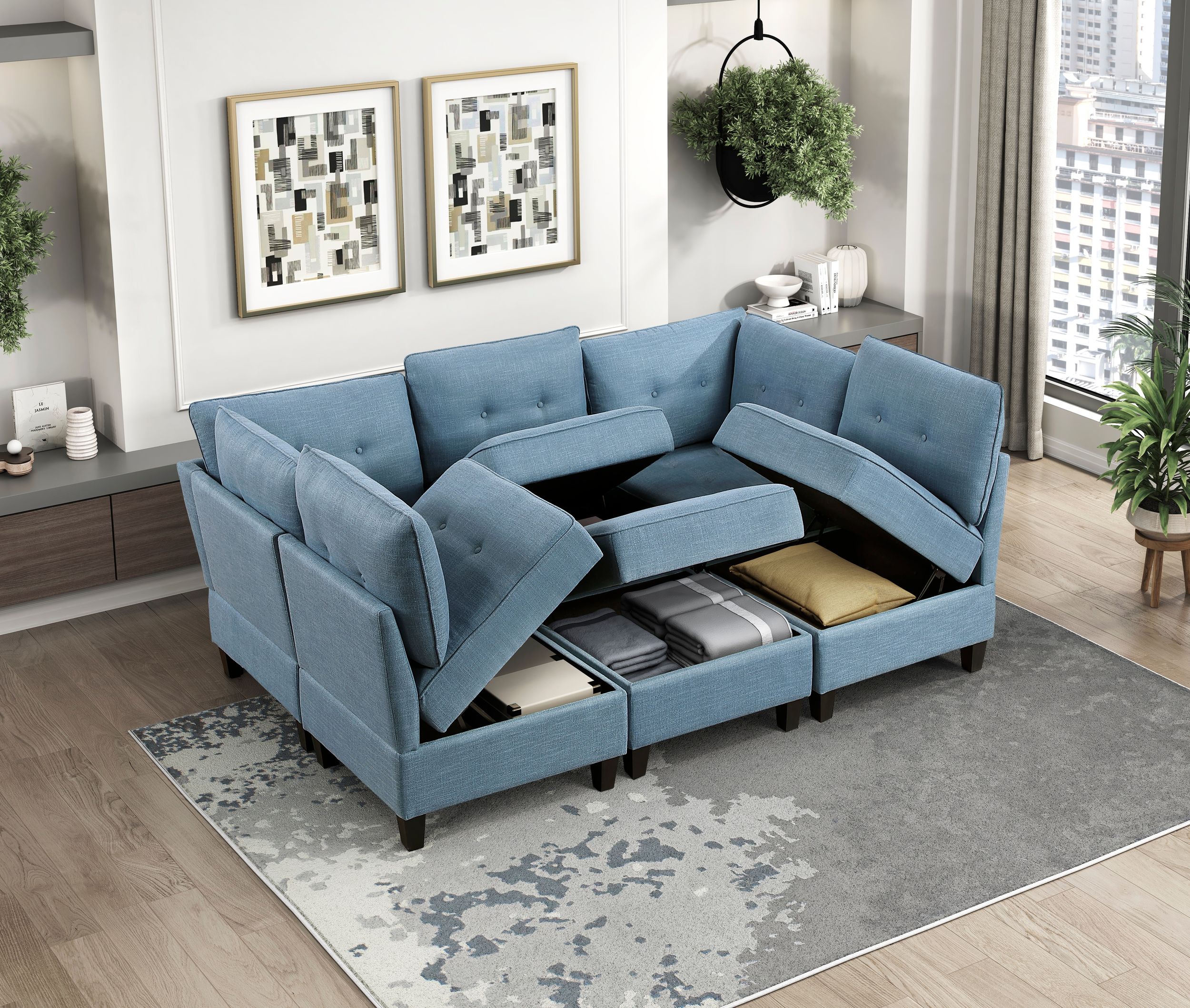 Garren L-Shaped Polyester 5‑Piece Modular Sectional with Storage