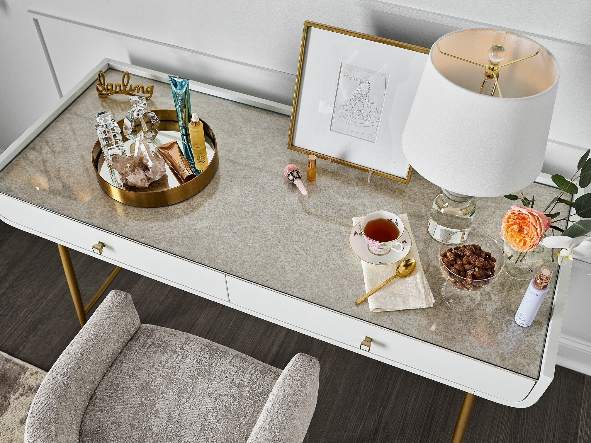 Allure Wood/Metal/Glass Vanity Desk w/2 Drawers