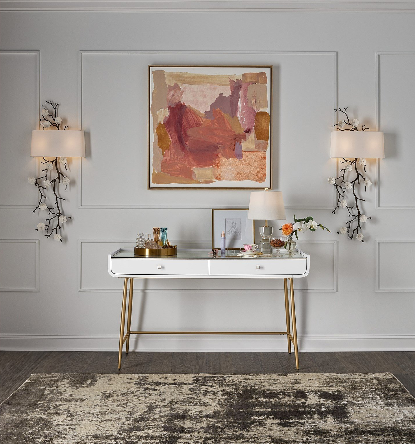 Allure Wood/Metal/Glass Vanity Desk w/2 Drawers