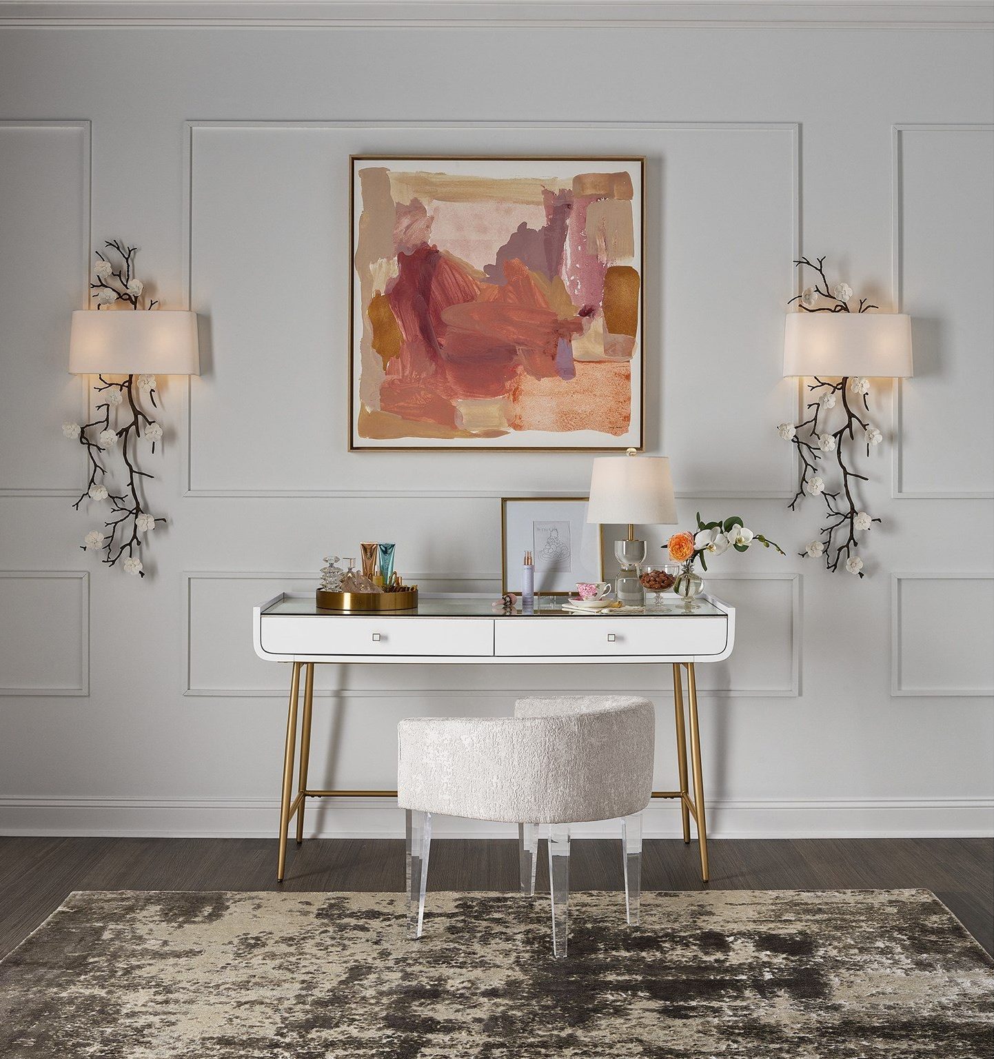 Allure Wood/Metal/Glass Vanity Desk w/2 Drawers