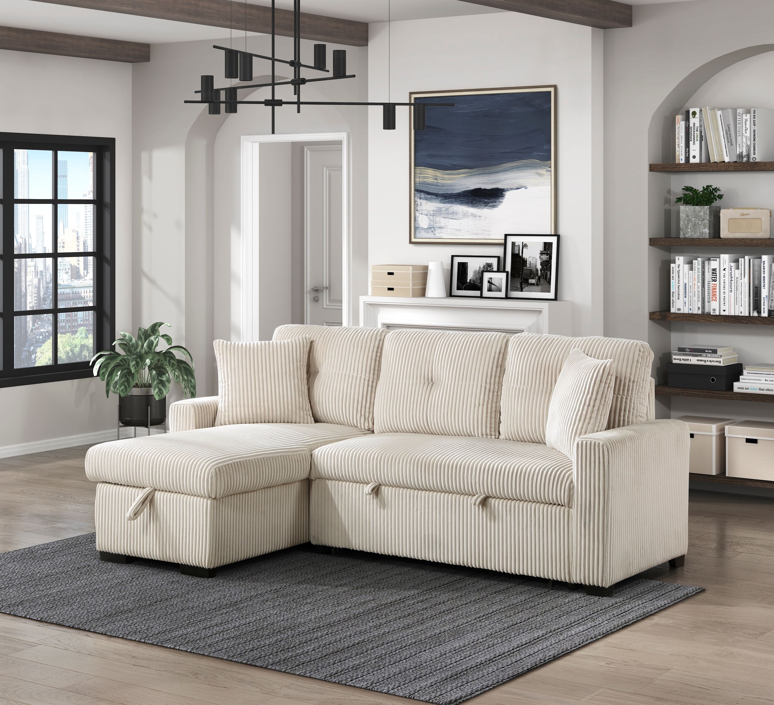 Rhett Corduroy 3‑Piece Reversible Sectional Sofa Chaise with Pull‑Out Bed & Hidden Storage