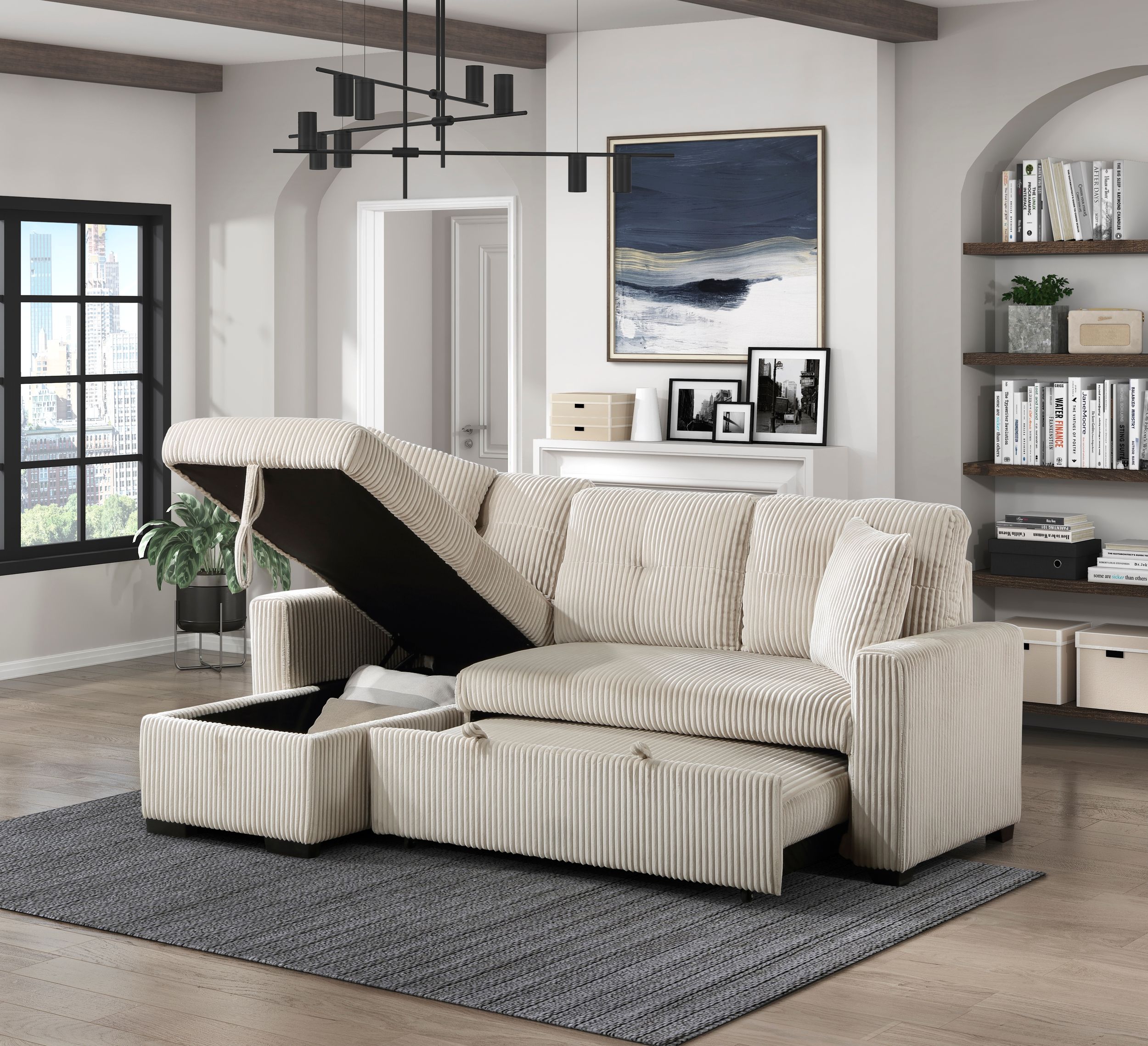 Rhett Corduroy 3‑Piece Reversible Sectional Sofa Chaise with Pull‑Out Bed & Hidden Storage