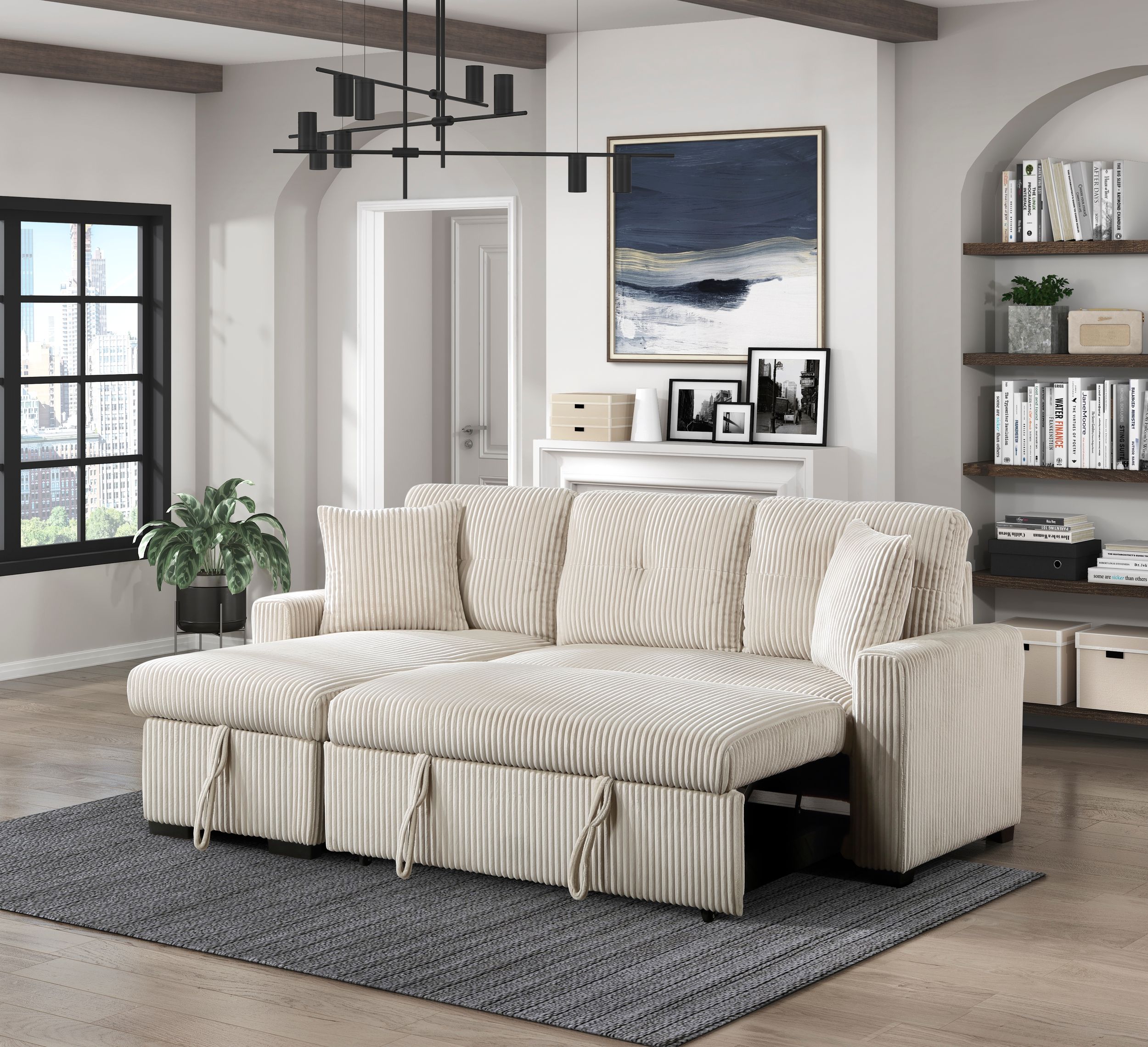 Rhett Corduroy 3‑Piece Reversible Sectional Sofa Chaise with Pull‑Out Bed & Hidden Storage