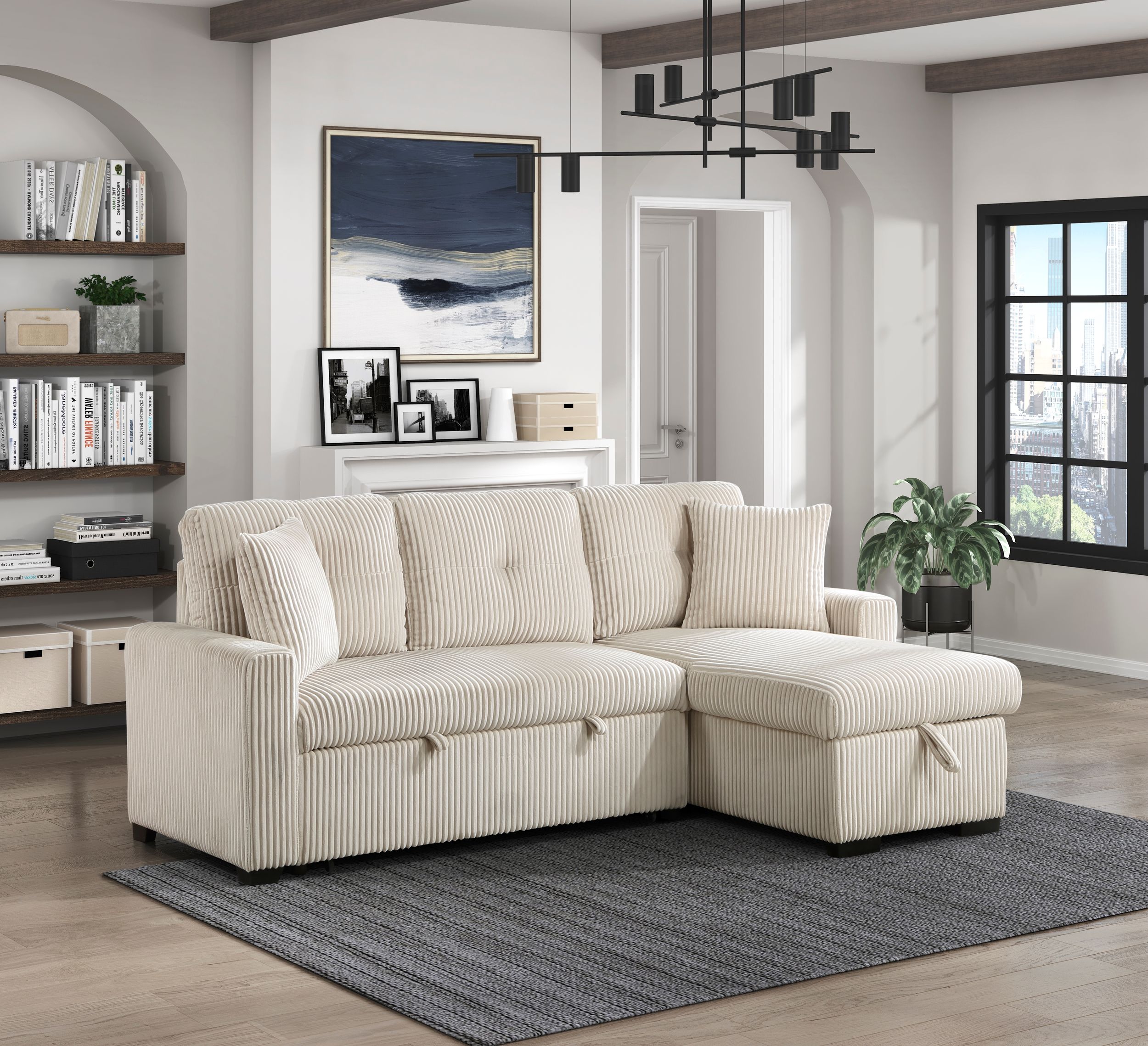 Rhett Corduroy 3‑Piece Reversible Sectional Sofa Chaise with Pull‑Out Bed & Hidden Storage