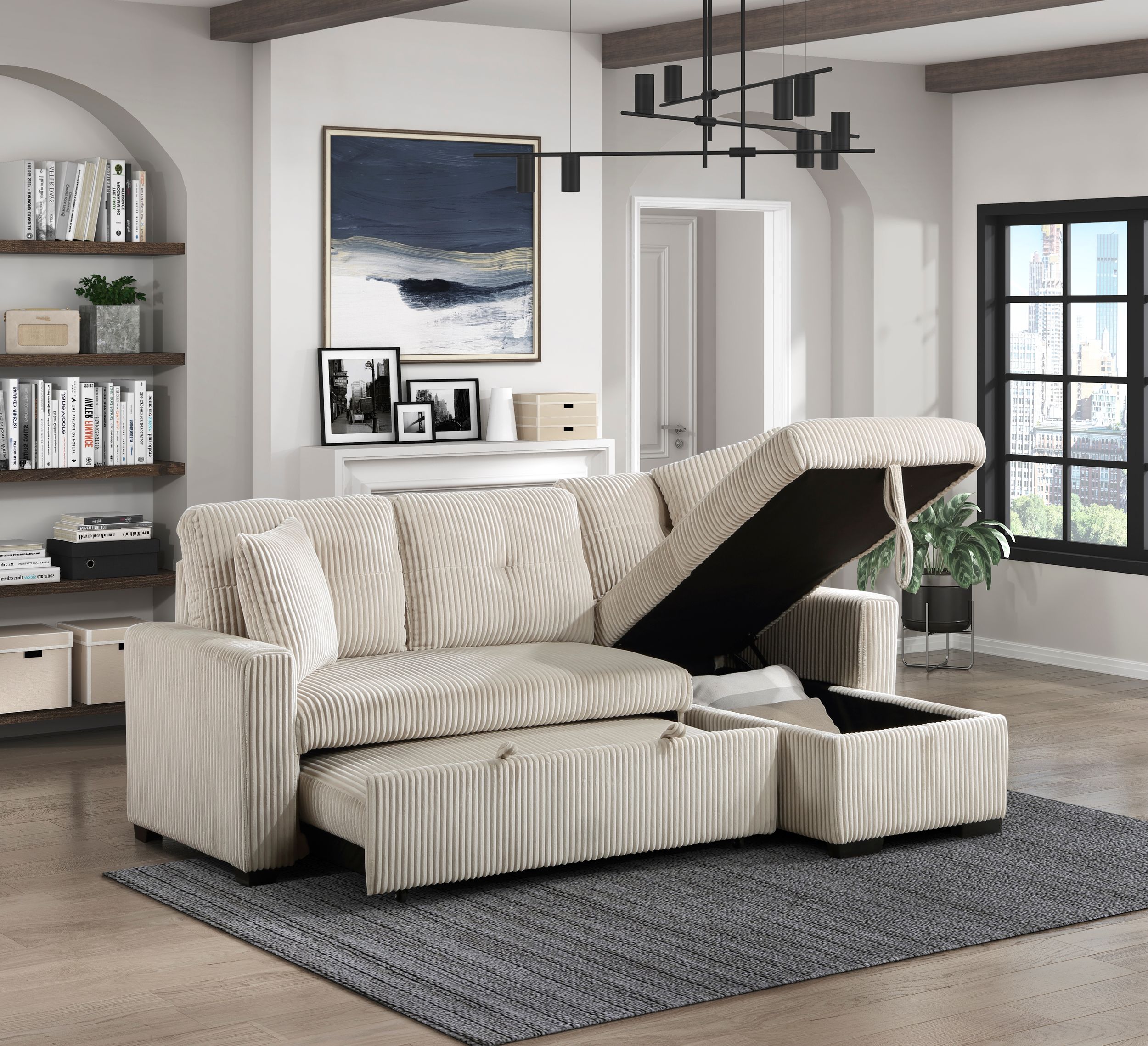Rhett Corduroy 3‑Piece Reversible Sectional Sofa Chaise with Pull‑Out Bed & Hidden Storage