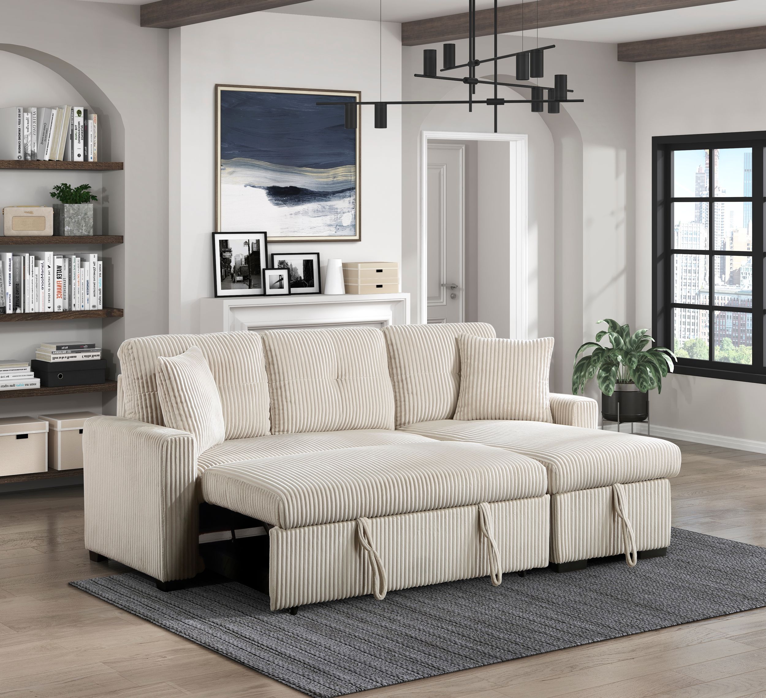 Rhett Corduroy 3‑Piece Reversible Sectional Sofa Chaise with Pull‑Out Bed & Hidden Storage