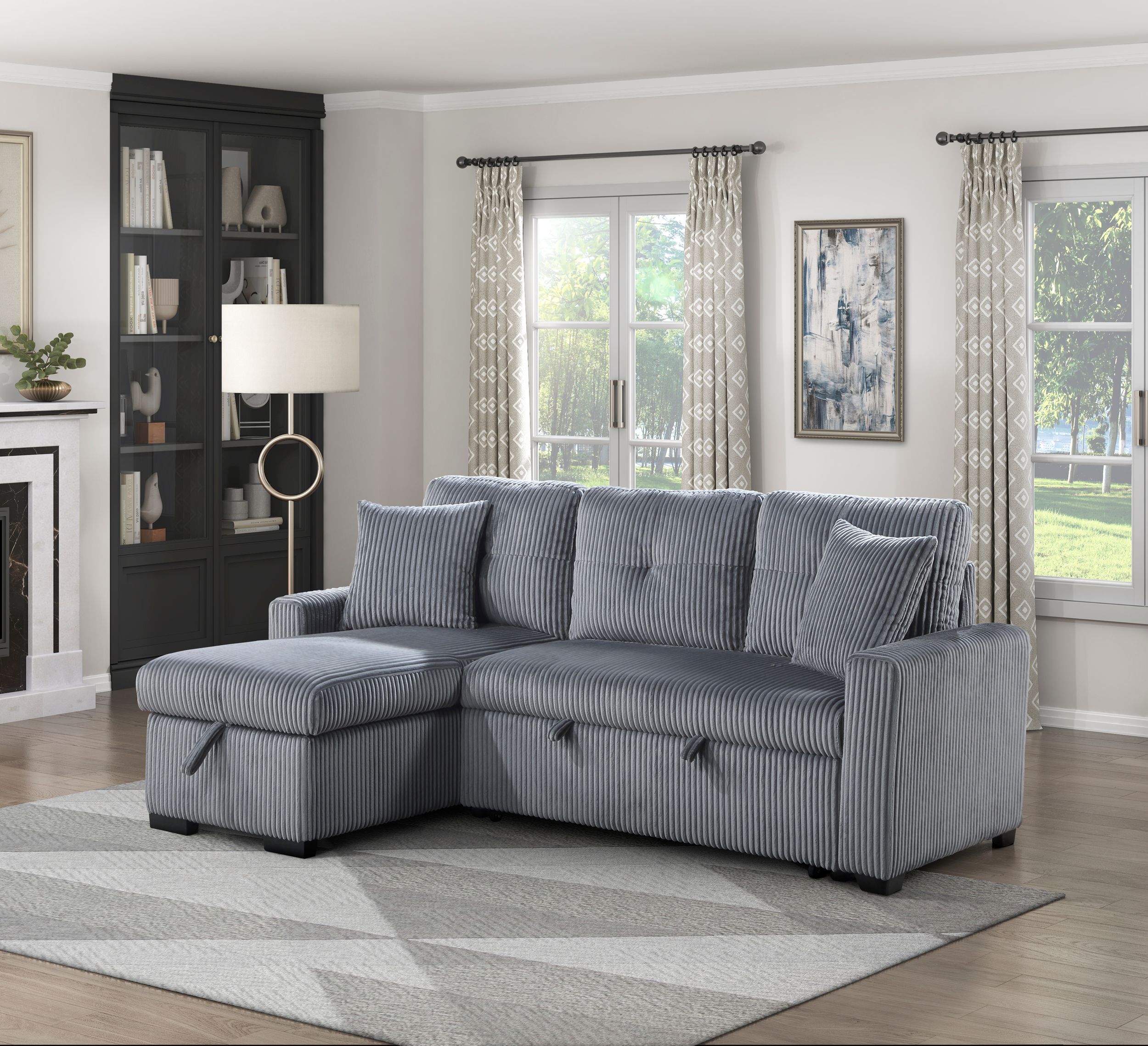 Rhett Corduroy 3‑Piece Reversible Sectional Sofa Chaise with Pull‑Out Bed & Hidden Storage