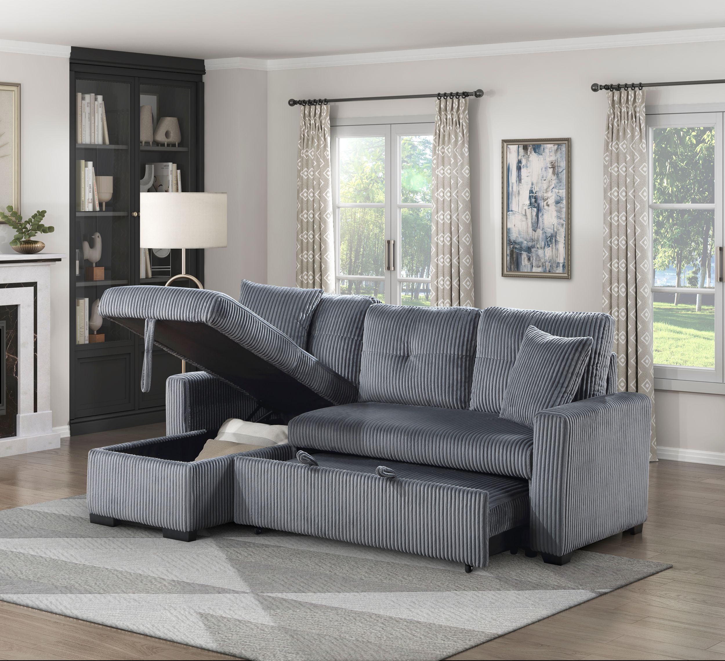 Rhett Corduroy 3‑Piece Reversible Sectional Sofa Chaise with Pull‑Out Bed & Hidden Storage
