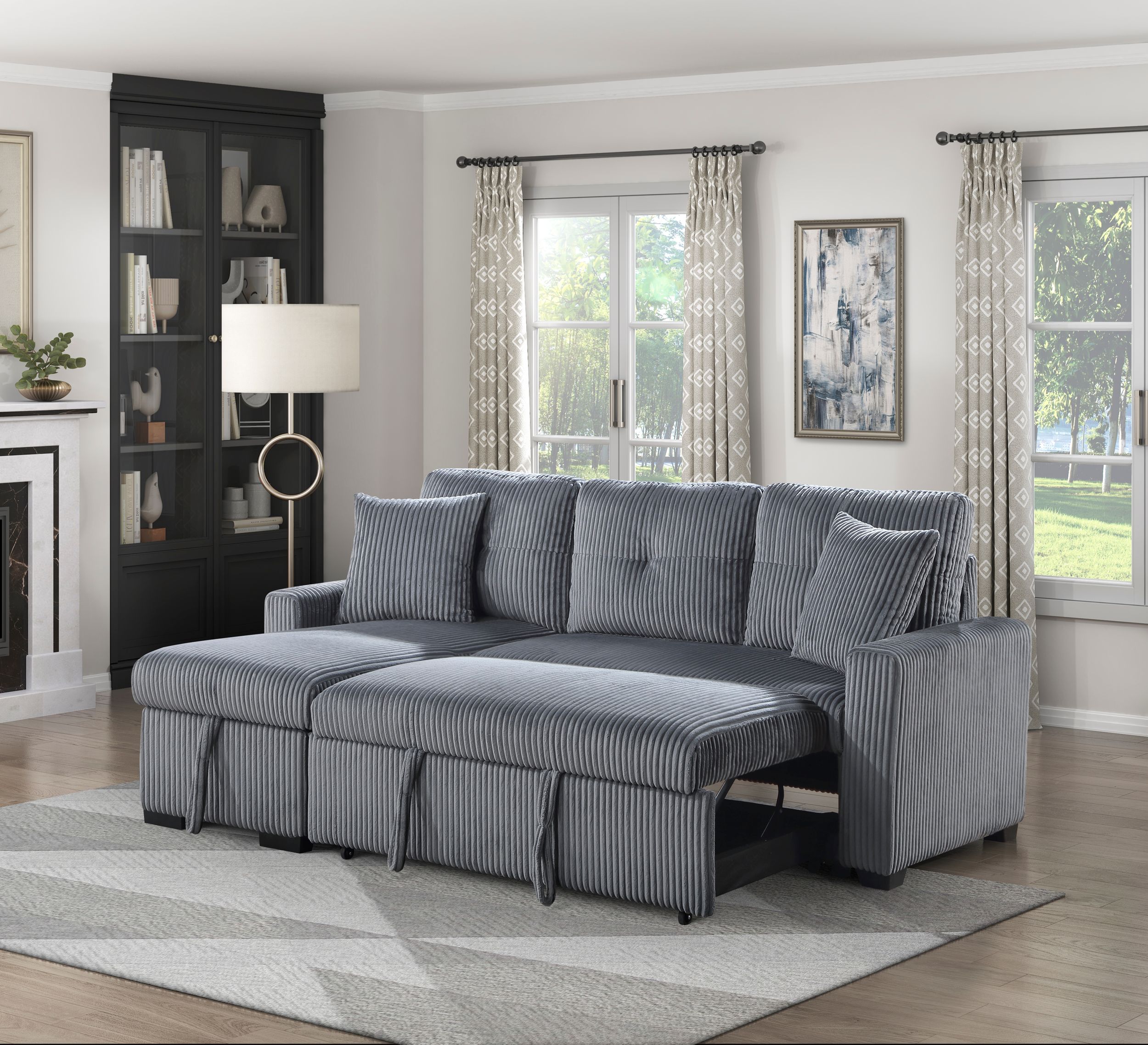Rhett Corduroy 3‑Piece Reversible Sectional Sofa Chaise with Pull‑Out Bed & Hidden Storage