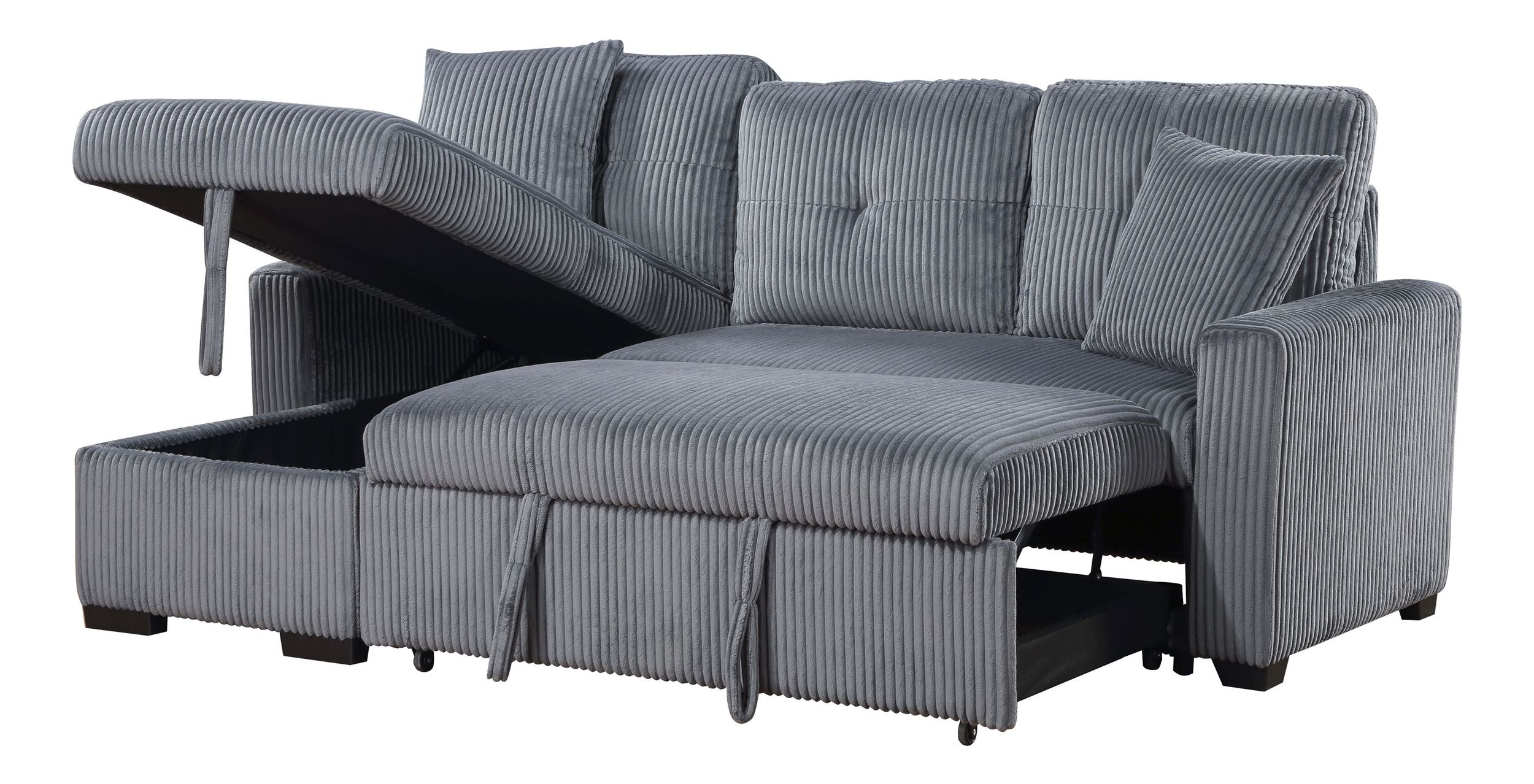Rhett Corduroy 3‑Piece Reversible Sectional Sofa Chaise with Pull‑Out Bed & Hidden Storage