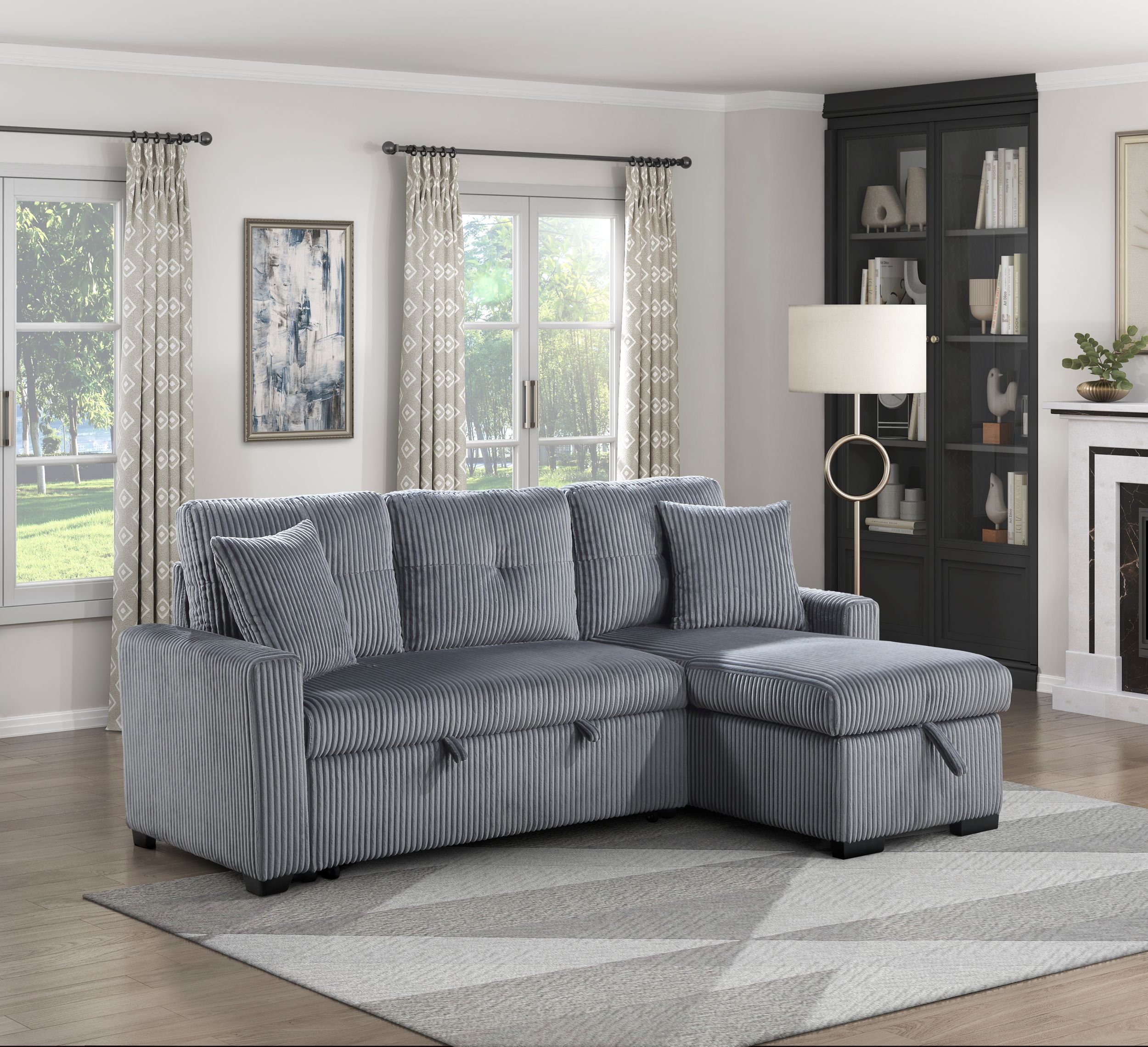 Rhett Corduroy 3‑Piece Reversible Sectional Sofa Chaise with Pull‑Out Bed & Hidden Storage