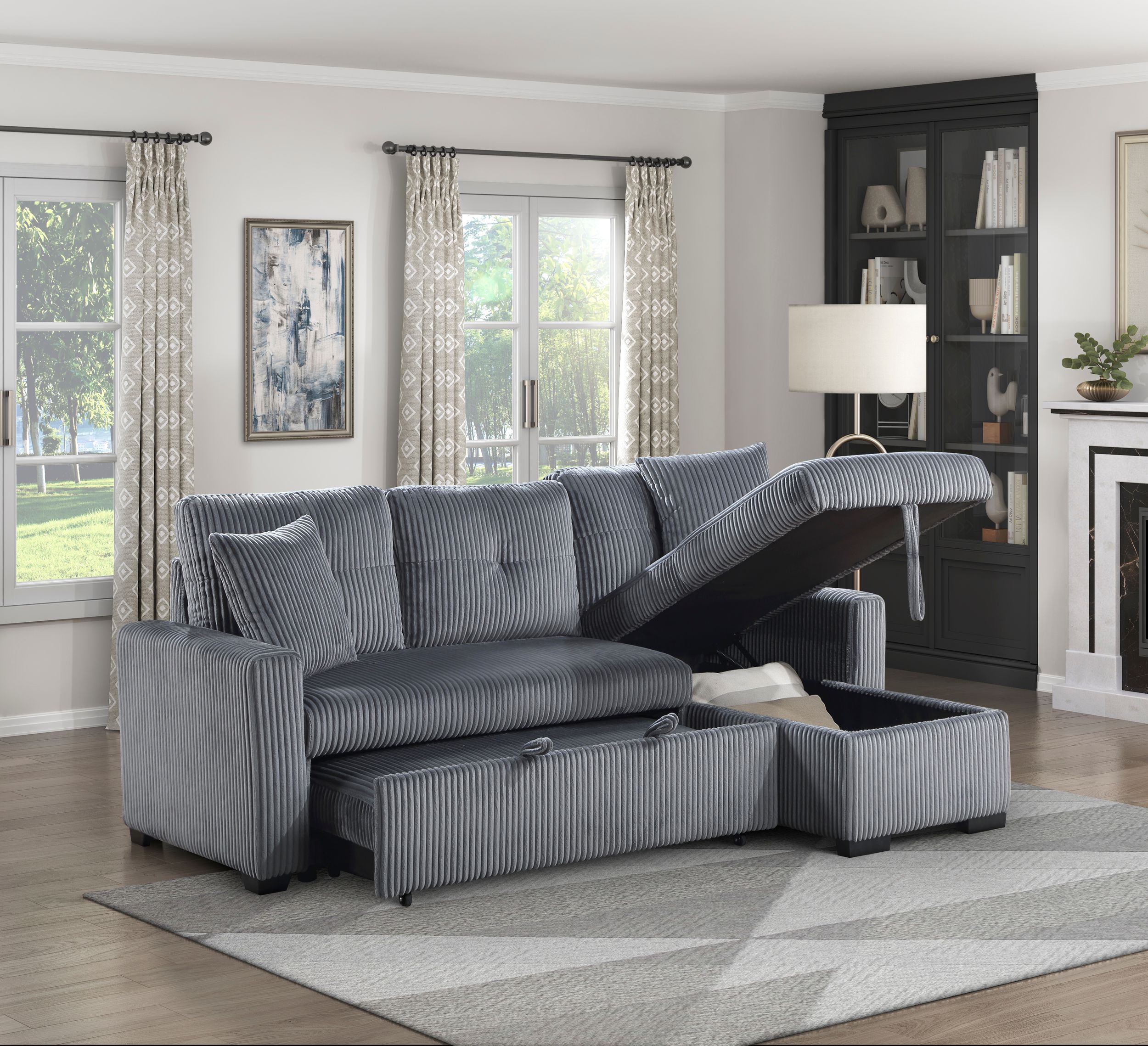 Rhett Corduroy 3‑Piece Reversible Sectional Sofa Chaise with Pull‑Out Bed & Hidden Storage